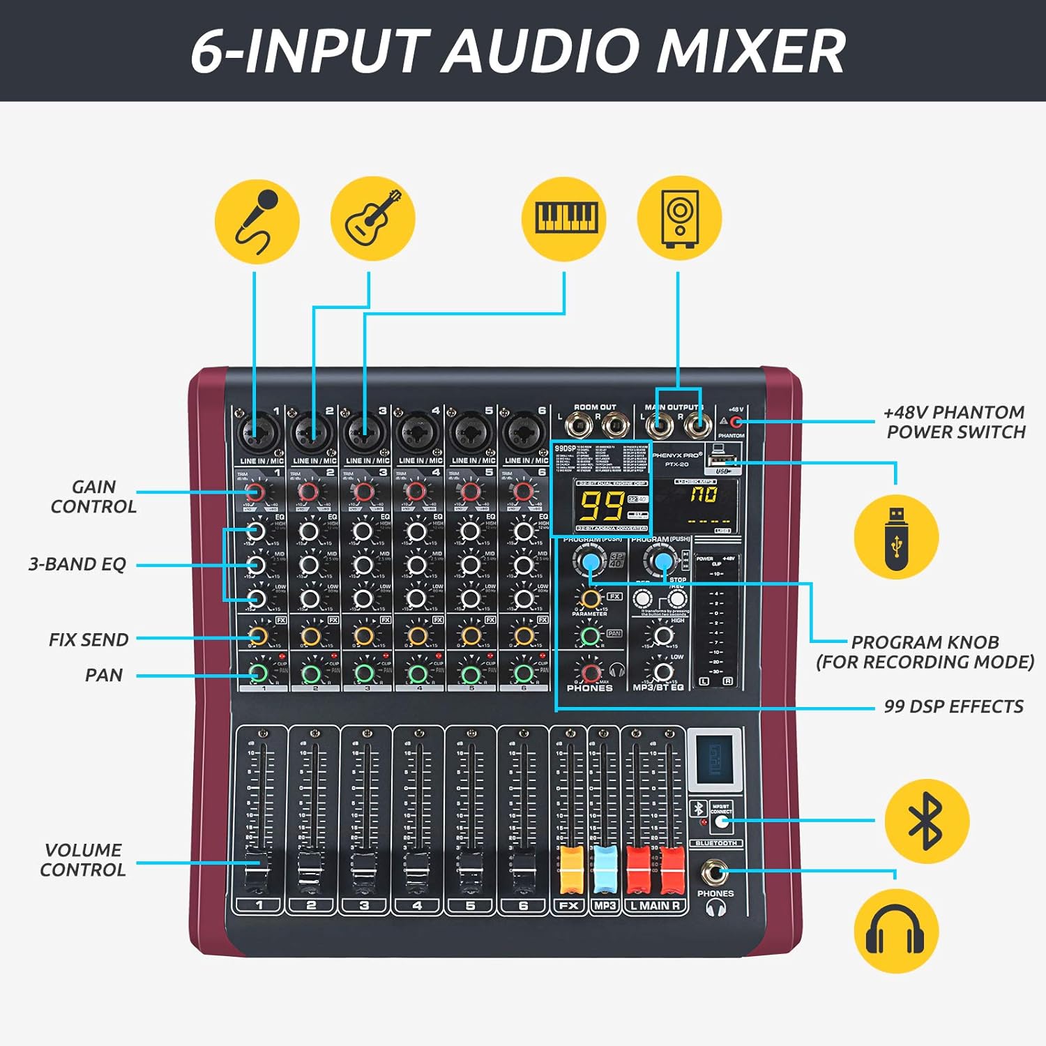 Buy 6 Channel Professional Mono Audio Mixer Phenyx Pro Sound Board W 3 Band Eq Build In 99 Dsp Effects Bt Function Recording To Usb Drive Ideal For Studio Stage Karaoke Ptx 20 Online In Vietnam