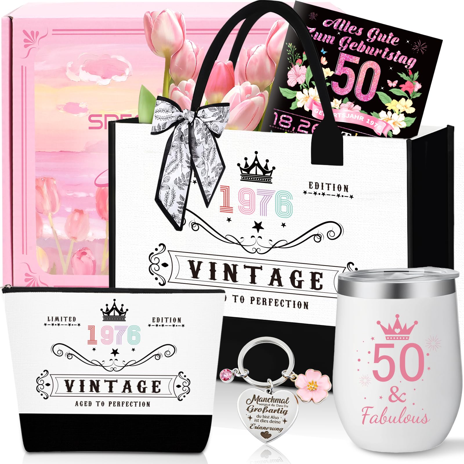 50.Geburtstag Geschenk Frau,Vintage 1976 Canvas Einkaufstasche Tragetasche Kosmetiktasche 7 Set mit Becher Strohhalm Grußkarte,50. Geburtstagsgeschenk für Mama, Freundin, Kollegin oder Schwester