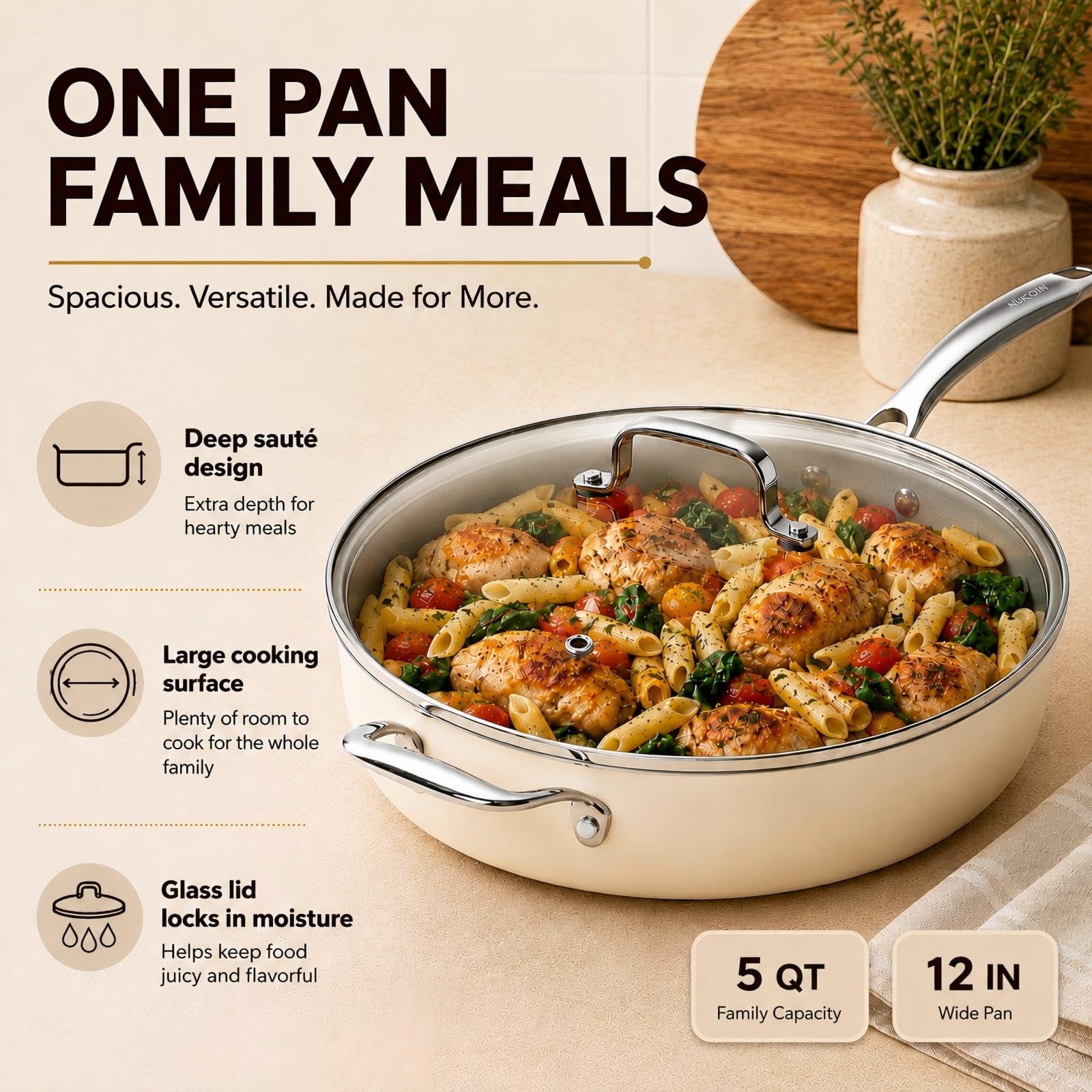 Kikcoin 12" Ceramic Nonstick Pan with Lid - 5 QT -2