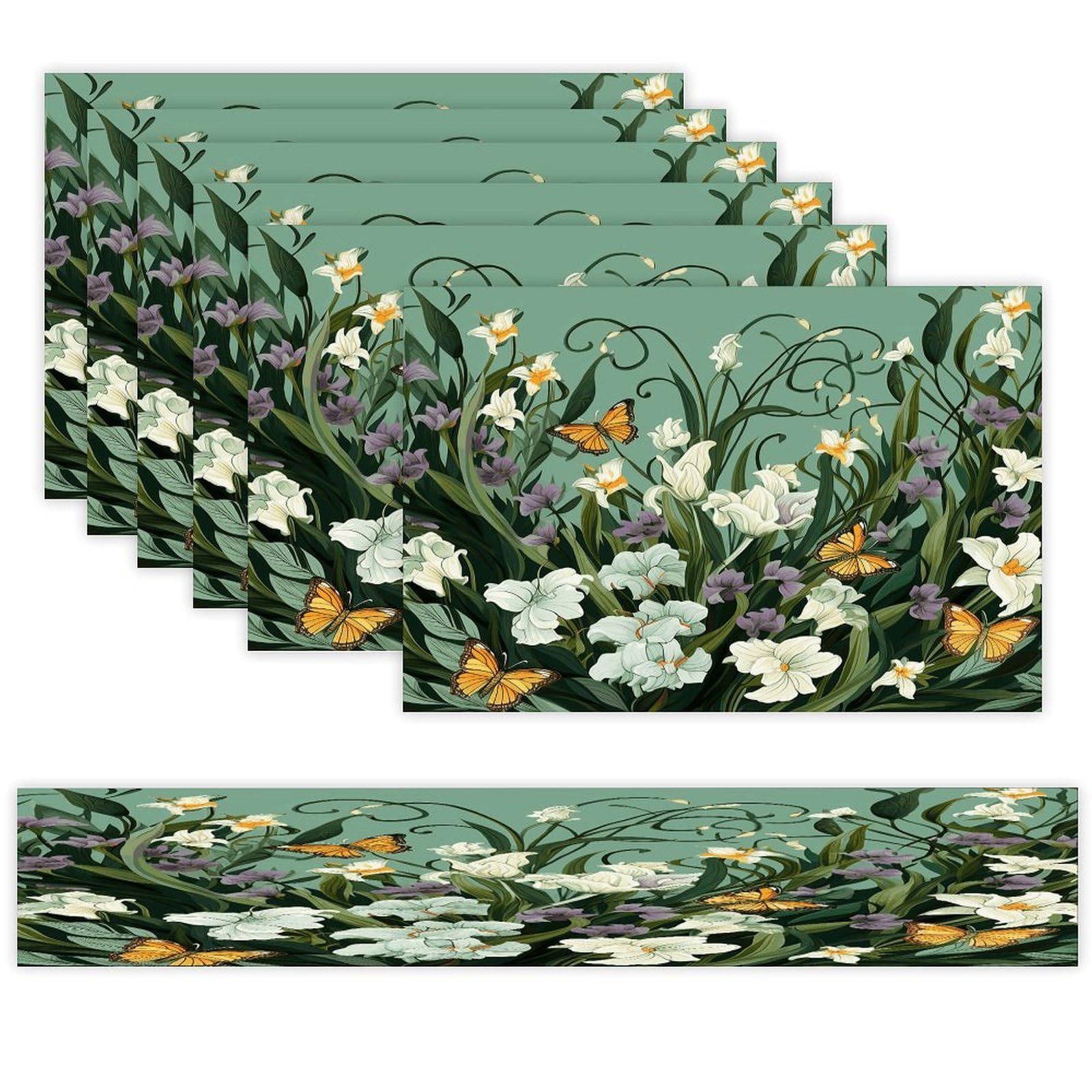 Flowers And Butterflies on Green Background Table Runner And Placemats Set of 6 for Kitchen Washable Table Mats Heat Resistant Place Mats Non-Slip Place Mat Wipeable Placemat(6 Placemats+1 Table Runne