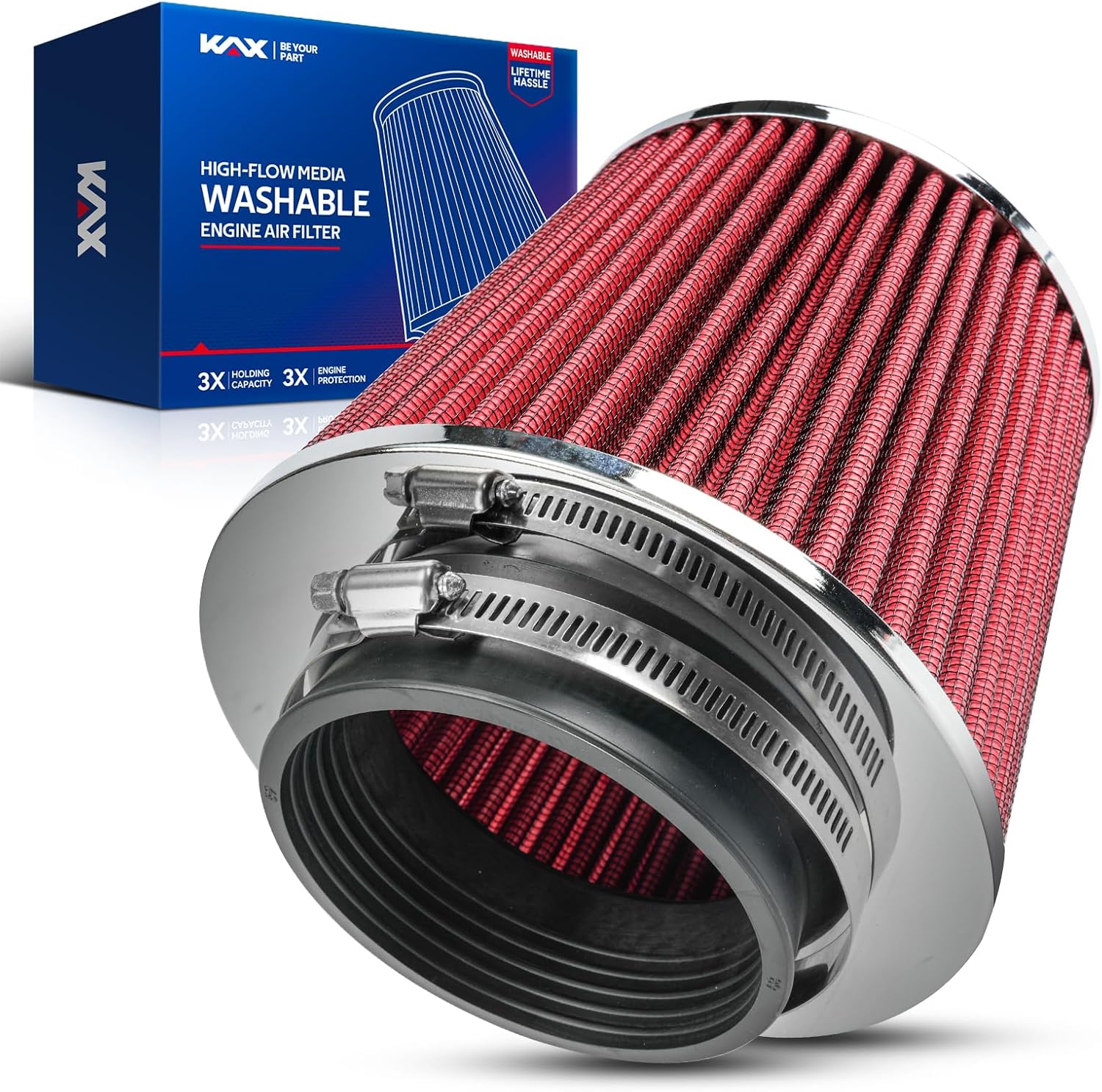 KAX Premium Washable Engine Air Filter, Universal Clamp-On Air Intake Filter, Reusable, High Performance, Increase Power & Towing, 3.5" 89 mm Inlet(5.25" Tall)