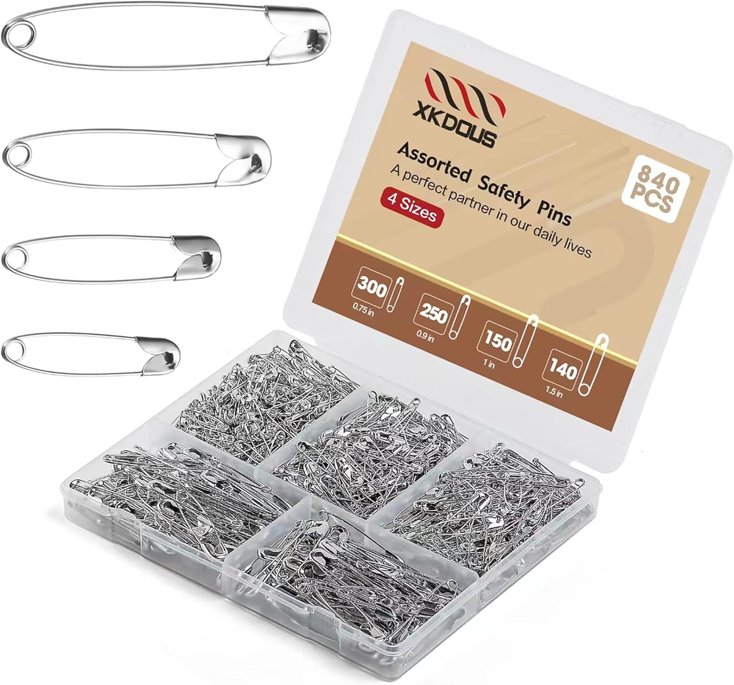 XKDOUS 840 Packs Safety Pins, Safety Pins Assorted, 4 Different Sizes