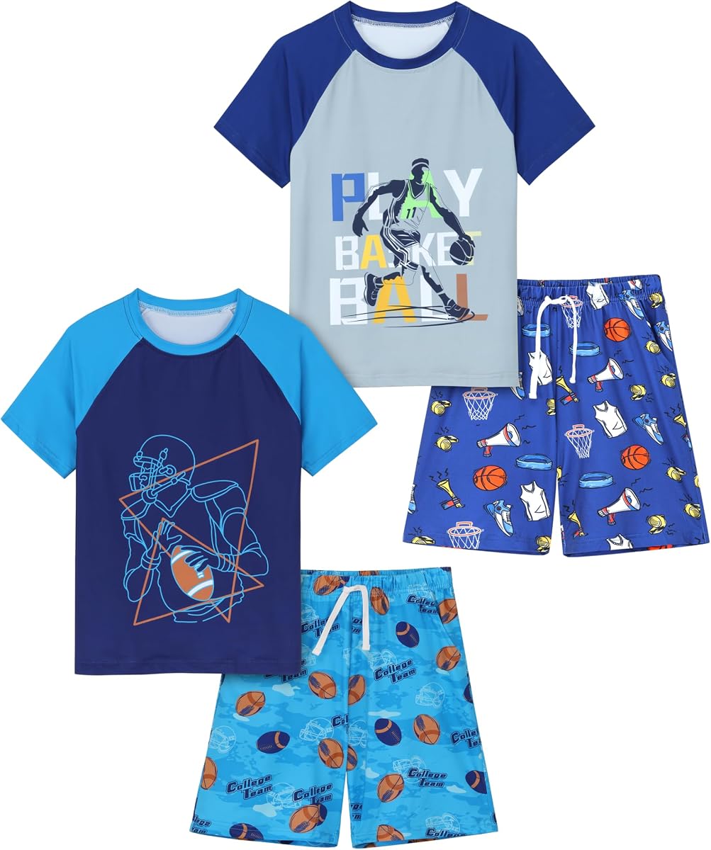 Cooraby 4 Pieces Boys Pajamas Shorts with Drawstring Pockets and Short Sleeve Shirts Teens Loungewear Shorts and Shirts Set