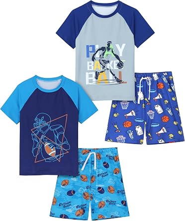 Cooraby 4 Pieces Boys Pajamas Shorts with Drawstring Pockets and Short Sleeve Shirts Teens Loungewear Shorts and Shirts Set