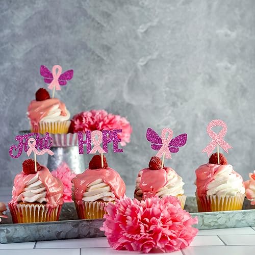 Miniatura 5 de Gyufise 24 piezas de adornos para cupcakes con purpurina para concientización sobre el cáncer de mama, mariposa, lucha, esperanza, beliveve, cinta