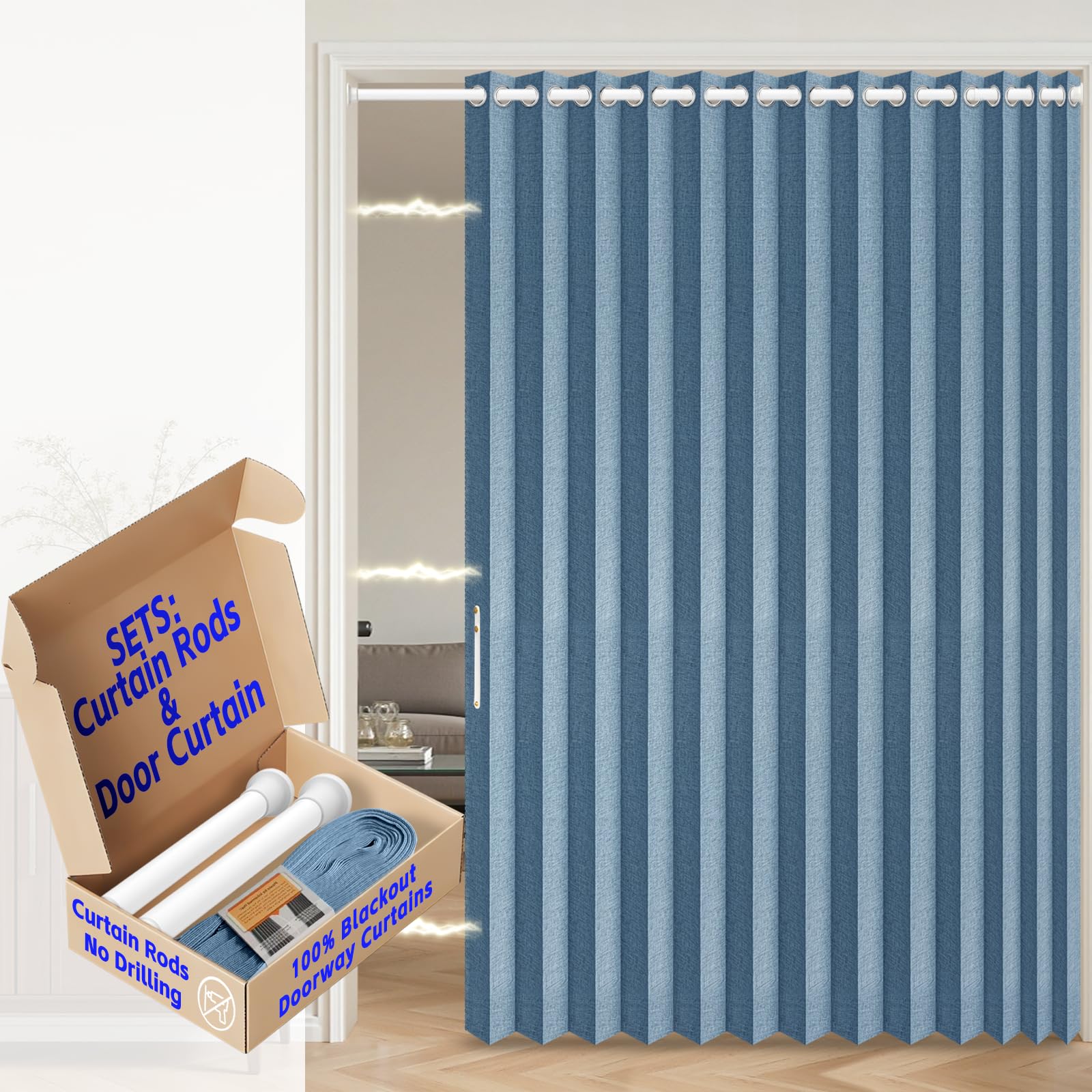AJAZZ 100% Blackout Accordion Door Closet Door Curtain Total Privacy Sound Proof Curtains Suitable for Bedroom Living Room Doorway Curtain Sets Included Rod, 1Pack, W75 x L80 Inch, Blue โ image 1