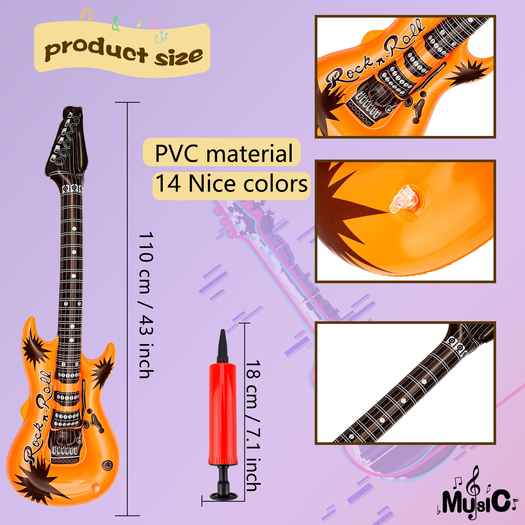14 Pack 43 Inch Large Inflatable Guitar Blow up Guitar Bulk Fake Party Prop Inflatable Rock Star Guitars with Air Pump for 80s 90s Themed Carnival Birthday Party Favor, 14 Colors - 3