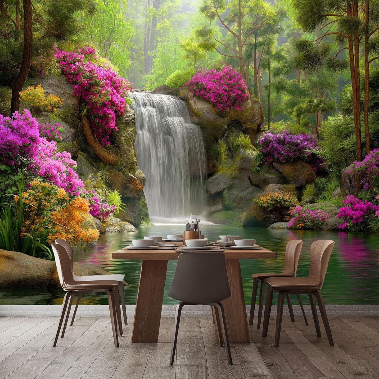 Non-woven photo wallpaper with a tropical waterfall 3D effect, wall mural of flowers and a forest - green modern decoration for living room, bedroom, or office, 430cm x 300cm stickers - frameless pain