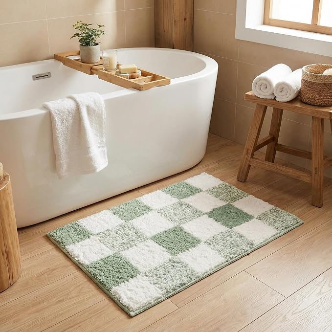 GRANNY SAYS Waved Deep Blue Bathroom Rugs, 24" x 16", Non-Slip Bath Mats for Bathroom, Plush Shag Absorbent Microfiber Ultra Soft Scalloped Bath Mat, Cute Washable Rug for Tub, Shower, Bedroom