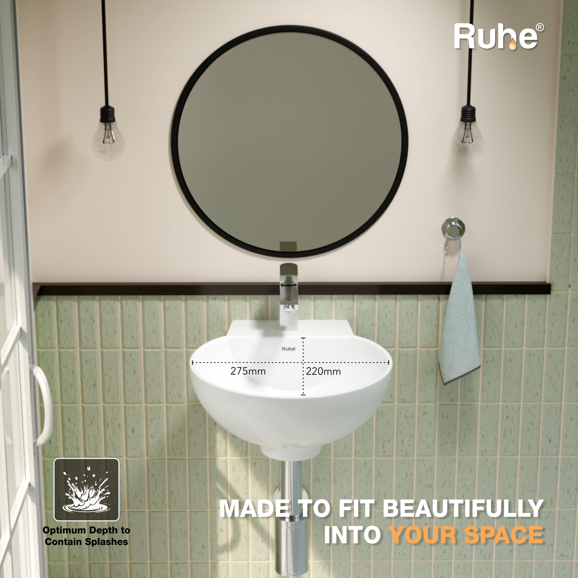 Ruhe® 12x12x5 Inches Hydra Wall-Hung Wash Basin, Scratch & Stain-Resistant Ceramic, Semi-Circular Shape, Glossy Finish, Easy to Clean, Modern Bathroom Sink, White 2