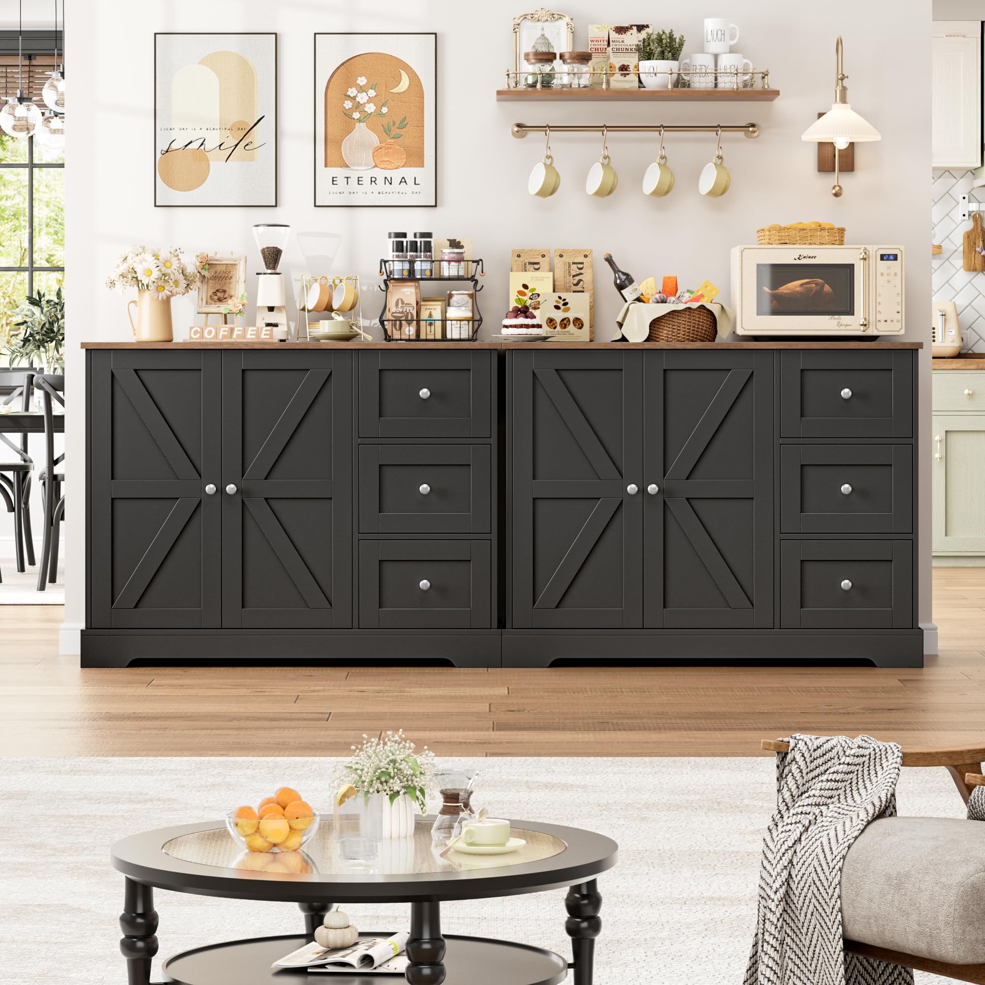 HOCSOK Sideboard, Küchenschrank mit 3 Schubladen und 2 Türen, Buffetschrank mit Arbeitsplatten für Küche, Esszimmer, Wohnzimmer, Schwarz & Braun