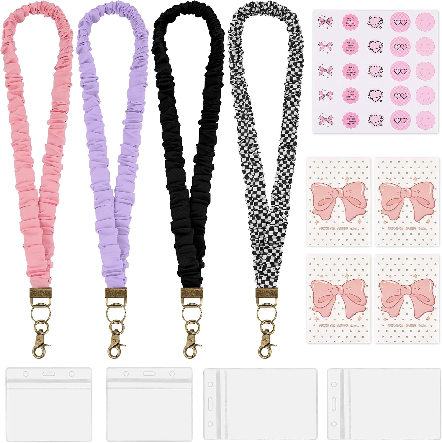 Catcan 4 Pcs Scrunchies Lanyards for ID Card, Badges Holder, Keys and Phone with 4 Pcs Clear Badge Holders, Adjustable Stretchy Lanyard for Teachers, Students, Office Staffs (19.6 Inches)