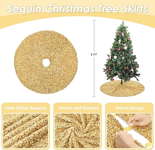 Miniatura 9 de Falda de árbol de lentejuelas doradas de 24 pulgadas, mini faldas de árbol de Navidad, lentejuelas de 0.197 in y falda de árbol de terciopelo para
