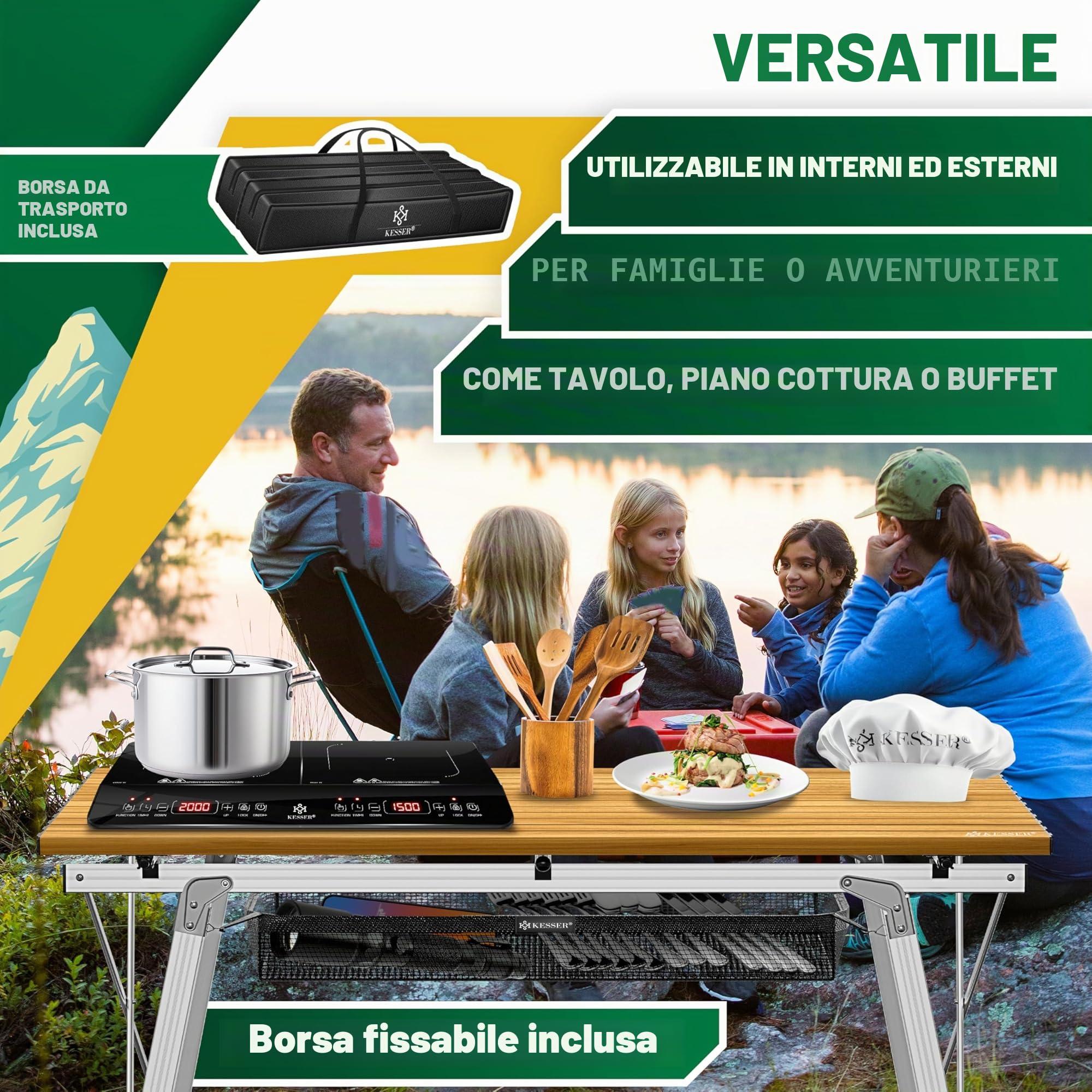 KESSER® Tavolo da Campeggio Pieghevole Tavolo Pieghevole Tavolo da Campeggio con Telaio in Alluminio Piano del Tavolo Arrotolabile Tavolo Pieghevole con Regolazione dell'altezza