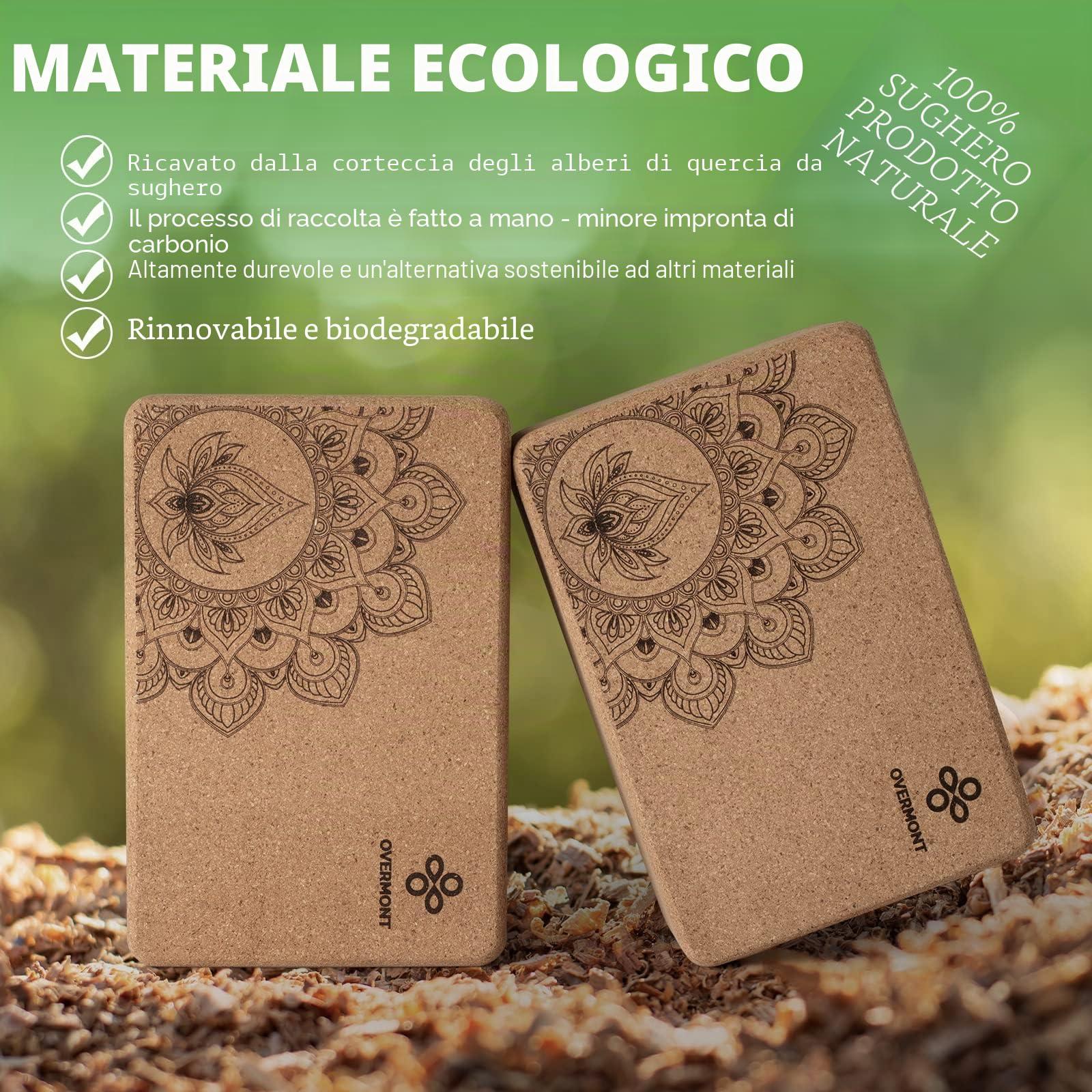 Overmont Mattoncini Yoga in Sughero - 2 Pezzi Blocchi Yoga Naturale con Cinghia - per Principianti Meditazione e Pilates Accessori per Il Fitness Yoga Accessori - 23 x 15 x 7,6 cm