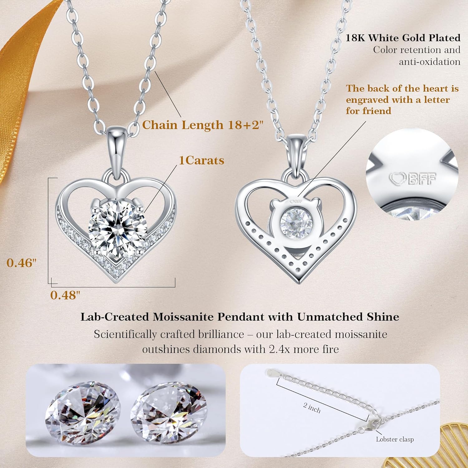 Moissanite Necklace for Women 1CT Heart Brilliant Heart Pendant Necklace D Color VVS1 S925 Sterling Silver Jewelry 18K White Gold Plated for Love Friend Mother’s Day Christmas Anniversary Birthday Gift for Wife Her Convey I Love You Message 18inch - Image 3