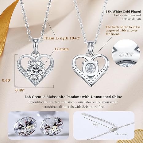 JACUPO 1CT Round Brilliant Moissanite Heart Pendant Necklace
