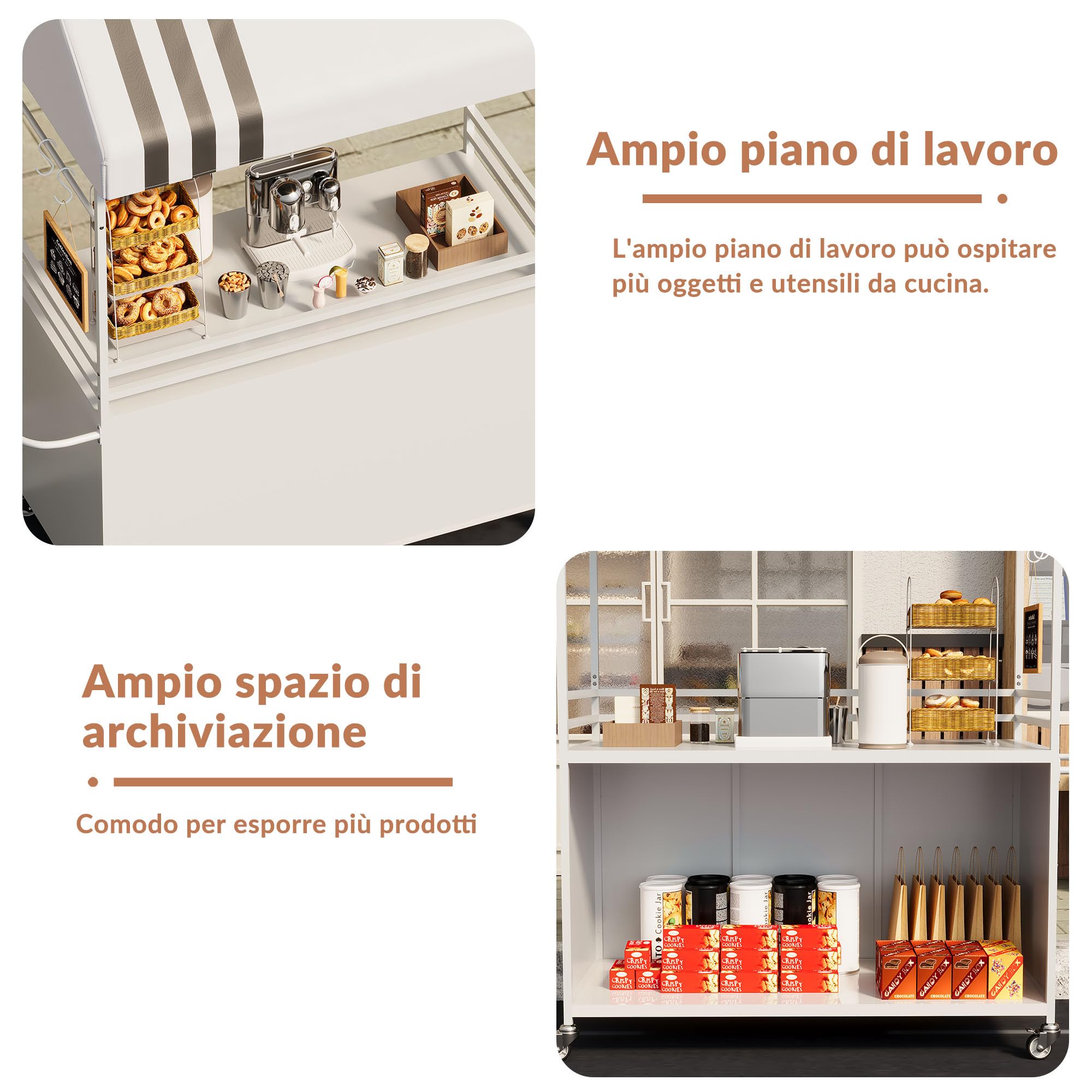 Carretto ambulante portatile con tettoia, carretto mobile per alimenti con ruote bloccabili, espositore da strada alto 215 cm, robusto, ideale per street food, caffè, eventi interni ed esterni.