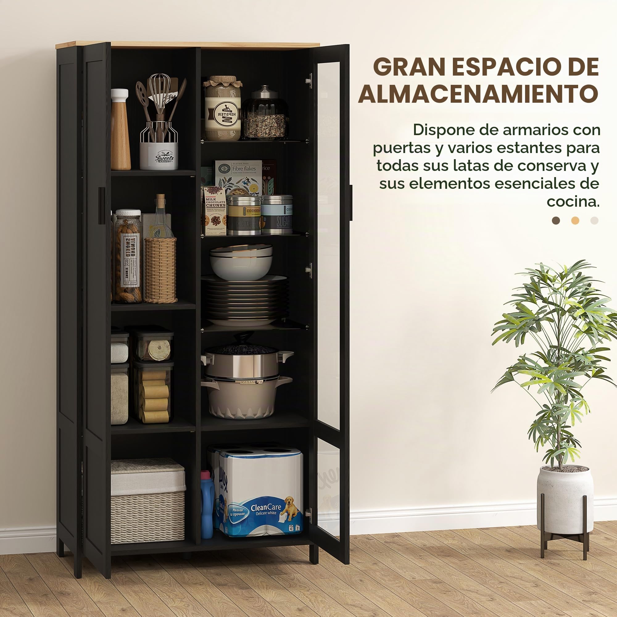HOMCOM Armario de Cocina, aparador de Cocina, Vitrina de Porcelana, Vitrina con 2 Puertas Incluyendo una Puerta de Cristal - Mueble de Almacenamiento con estantes Ajustables y 9 Compartimentos, 76 x | 2 puertas, incluyendo una puerta de cristal, mueble de