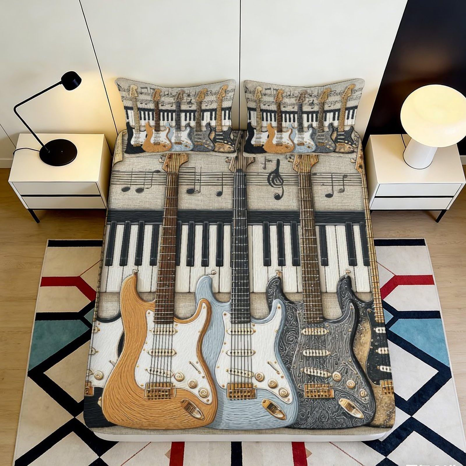 3D Printed Guitar Keyboard Fitted Sheet Microfiber Soft Artistic Bedroom Decor Music Bed Cover for Home Dorm 90x200x25cm