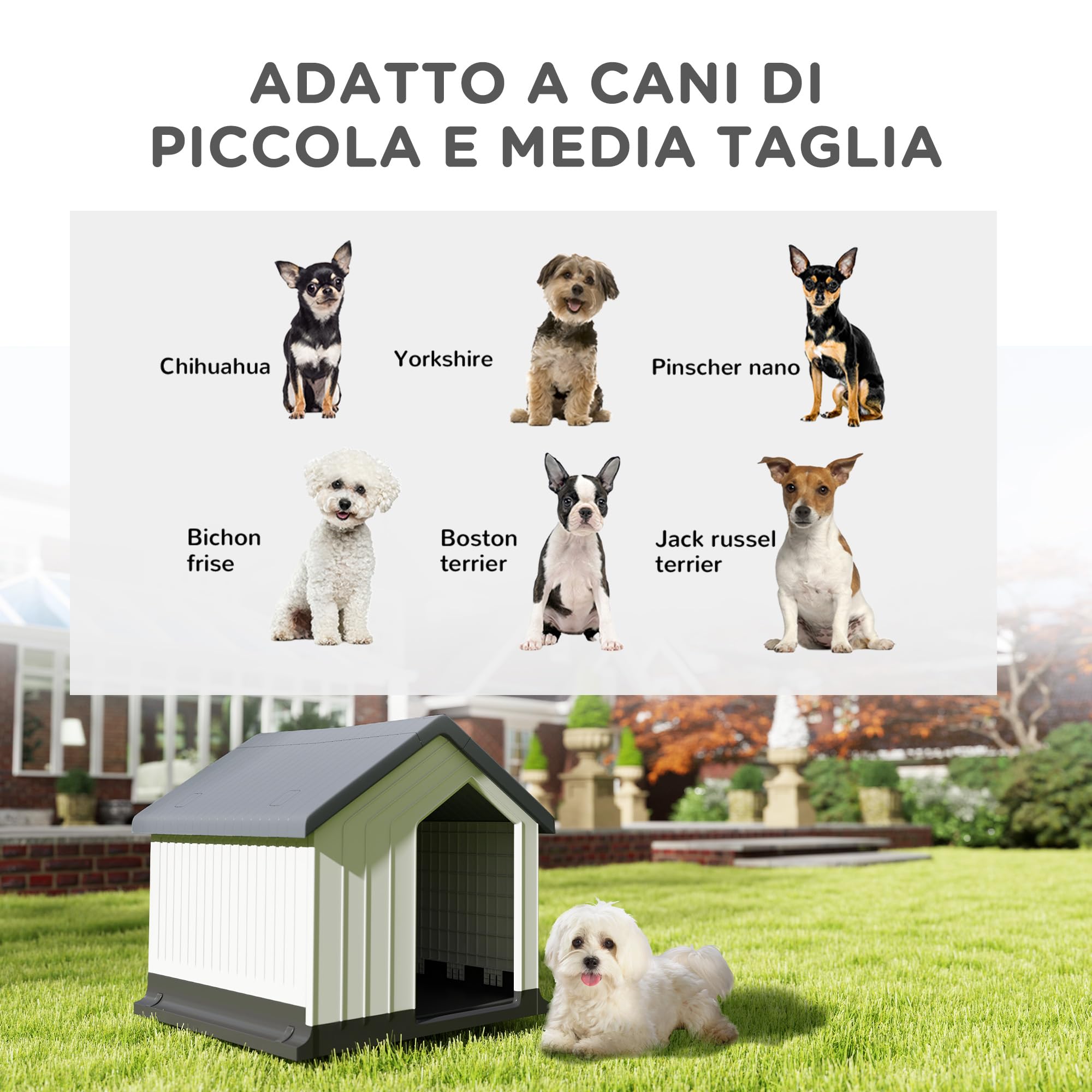 PawHut Casetta per Cani da Esterno Impermeabile Porta 62x61x60 cm Grigio | Cuccia per Cani Piccoli e Mini fino a 10 kg, con Finestra, Facile da Montare
