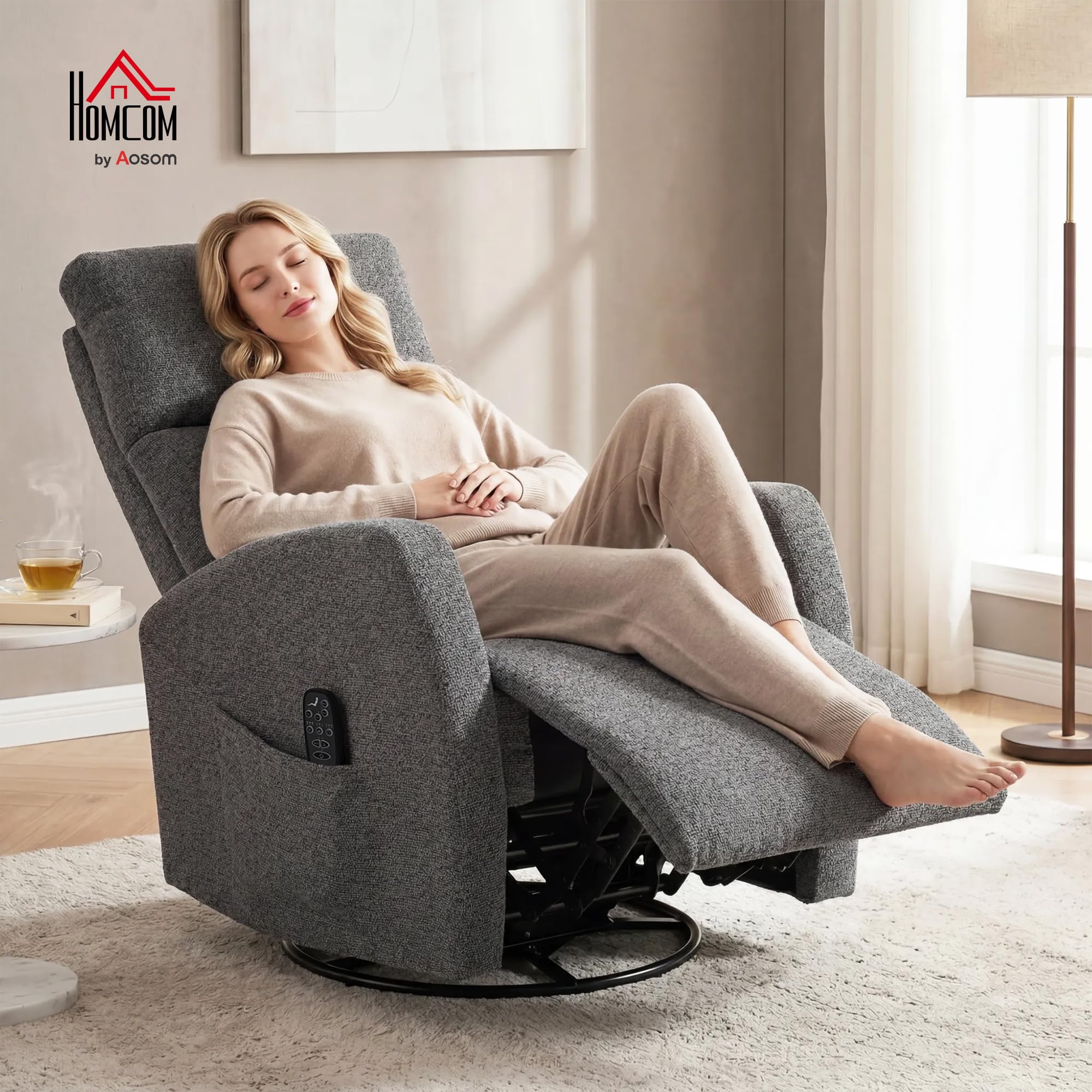 HOMCOM Relaxsessel Fernsehsessel Wärme und Vibrationsmassage Dunkelgrau | Drehbarer Massagesessel, Liegefunktion, Wippfunktion, Seitentasche, TV-Sessel mit Chenille-Optik, für Wohnzimmer