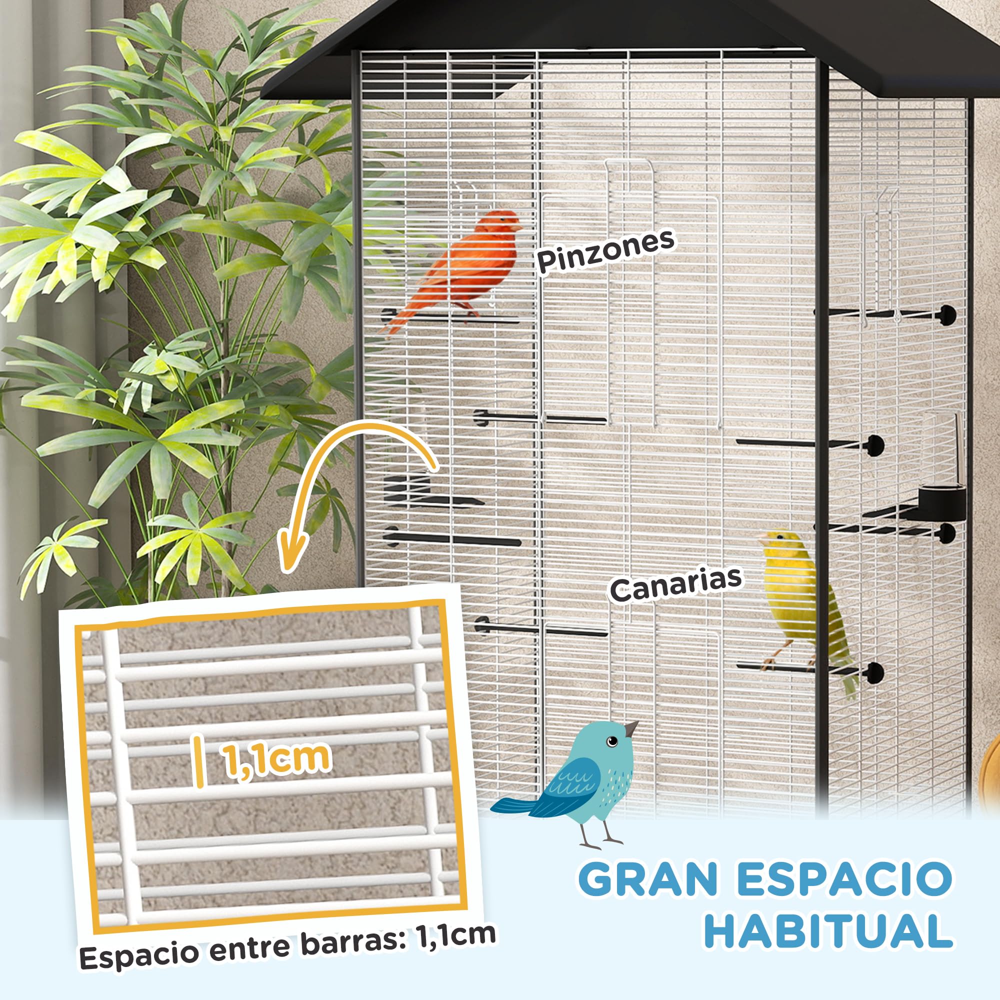 PawHut Jaula para Pájaros con Ruedas Pajarera Metálica con Bandeja Extraíble 4 Puertas 2 Comedores 8 Perchas para Canarios Periquitos 79x65x155 cm Negro