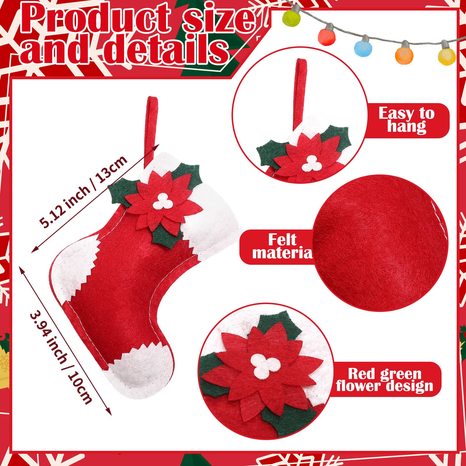 Geyoga Lot de 48 mini chaussettes de Noël en forme de poinsettia à suspendre pour cheminée, sapin de Noël rouge et blanc - 12,7 cm