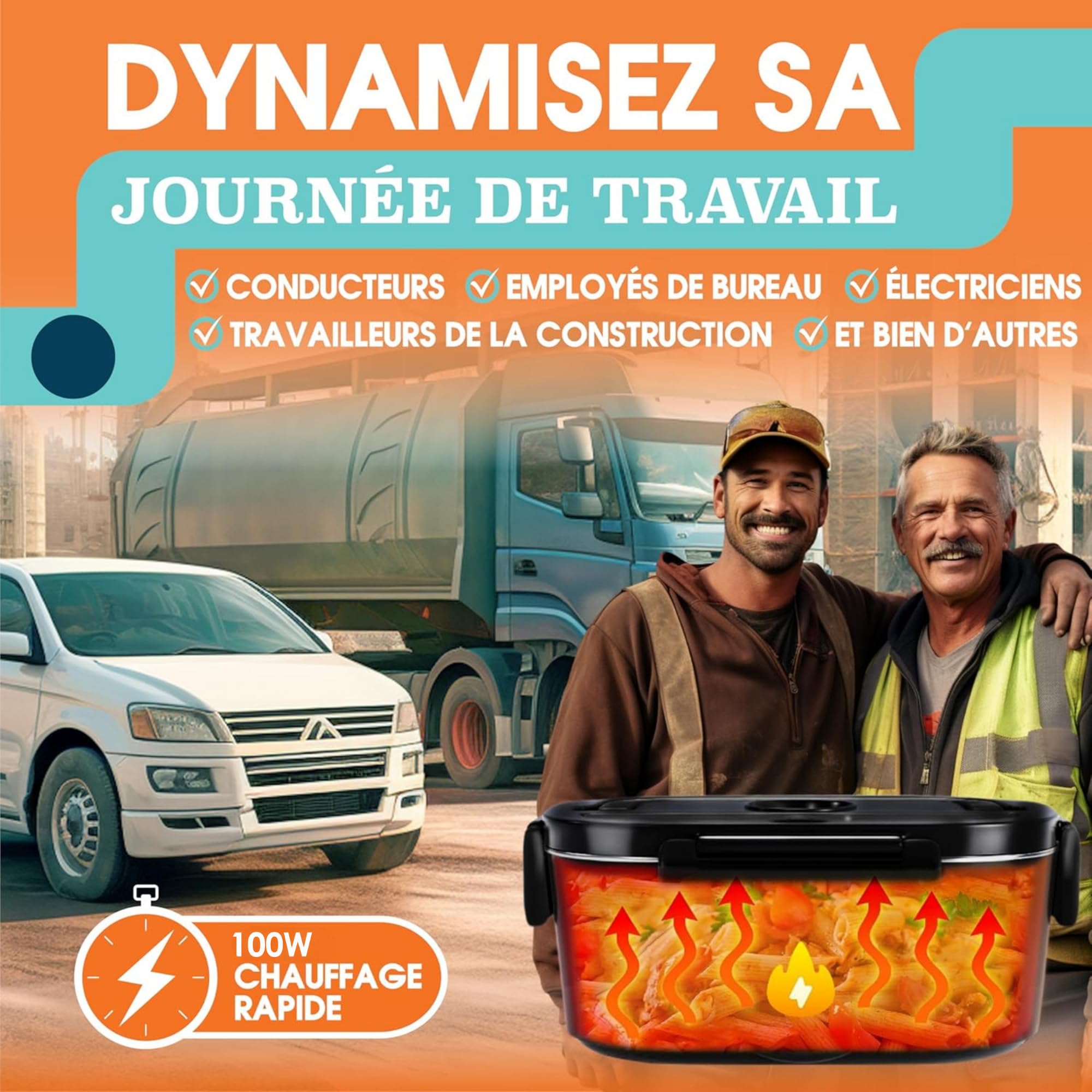 TRAVELISIMO Gamelle Chauffante 100W Lunch Box Chauffante 1,5L Boite Alimentaire Chauffante 3 en 1 220V 24V 12V, Bento Isotherme Chaud, Acier Inoxydable, Rechauffer Repas pour Voyage et Bureau