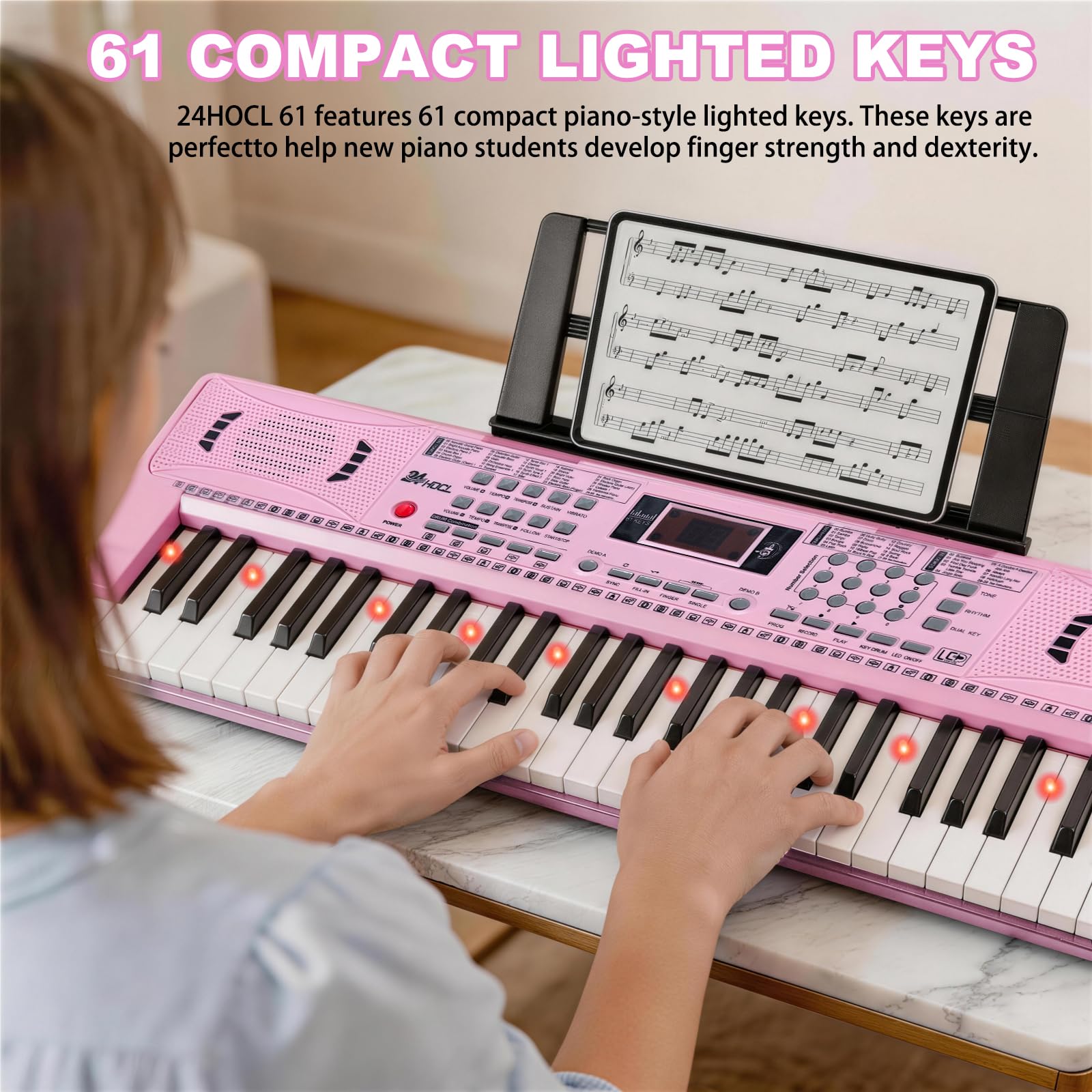Elektronisches Keyboard Piano 61 beleuchtete Tasten für Kinder (Rosa) | Kids Keyboard Piano with 100 Voices, 100 Rhythms, Built-In Speaker, Microphone, Sheet Stand and Power Supply for Beginners