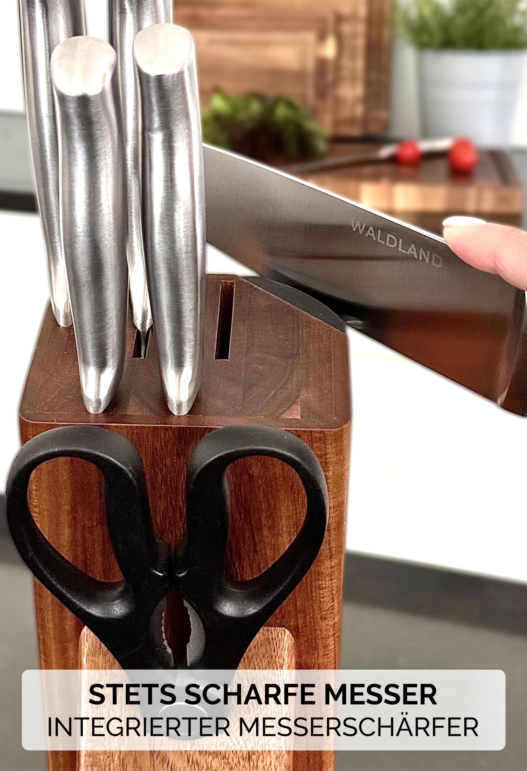 WALDLAND Premium Messerblock mit Messer – 7 teiliges Messerset I Messerblock mit Küchenmesser Set und integriertem Messerschärfer I robustes Akazienholz I Messer Set I Knife Set (Akazienholz)