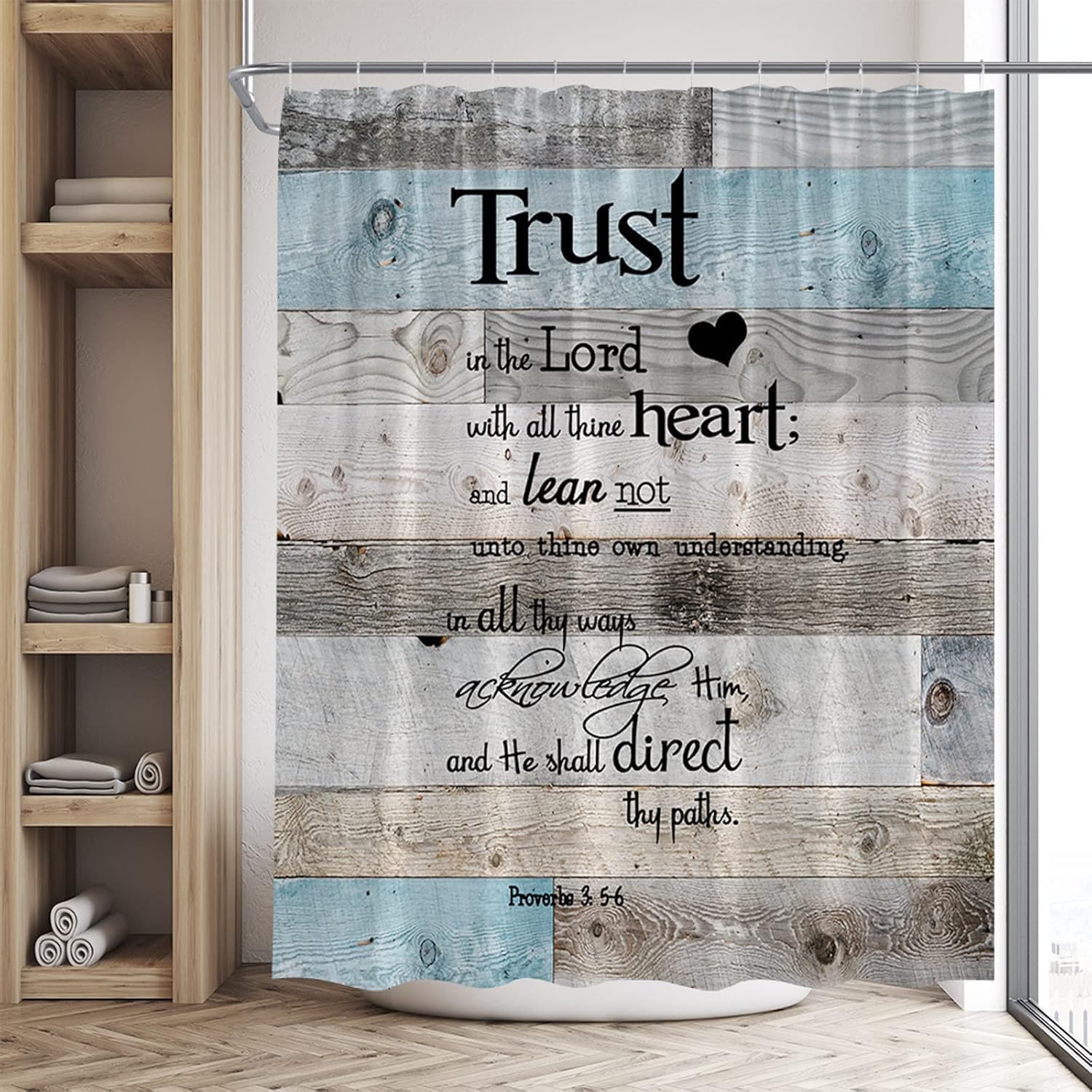 Inspirational Quote Shower Curtain Rustic Farmhouse Wooden Plank Motivational Word Proverb Gray Blue Brown Vintage Barn Door Decor Fabric Bathroom Set with Hooks 84Wx70H Inch