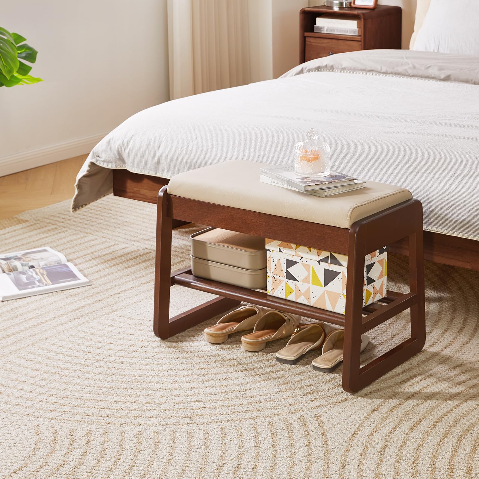 Aibiju Banco Zapatero con Cojín, de Madera Maciza de 2 Niveles y Tapa Abatible, Zapatero de 60 cm para Entrada, Sala, Pasillo y Dormitorio, Color Nogal YD-WD060B