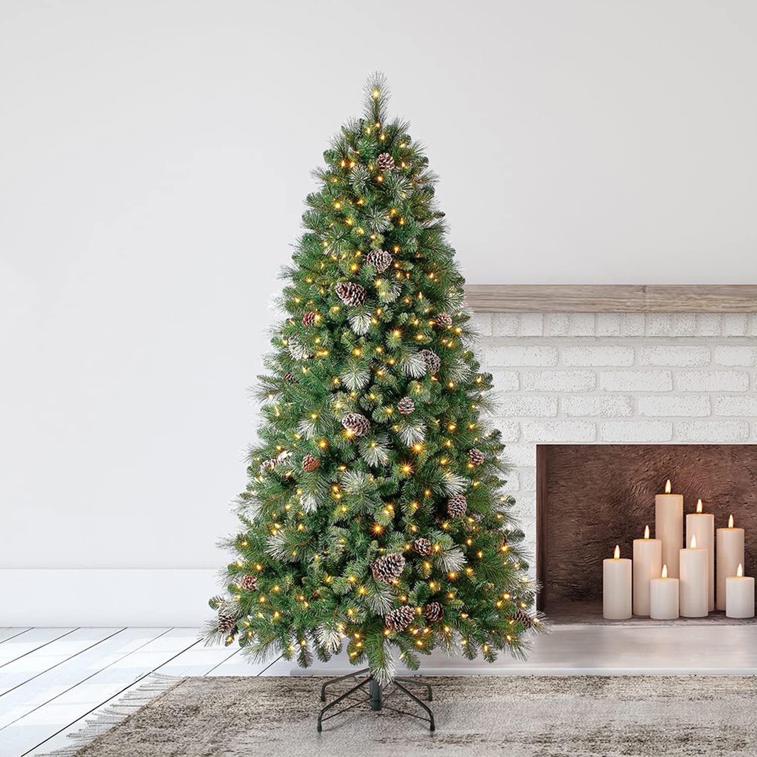 Home Heritage 7ft Lincoln Artificial Christmas Tree — Pre-Lit with Pine Cones & Glitter, 600 Color Changing Lights, 1,381 Branch Tips — Indoor Holiday Decor