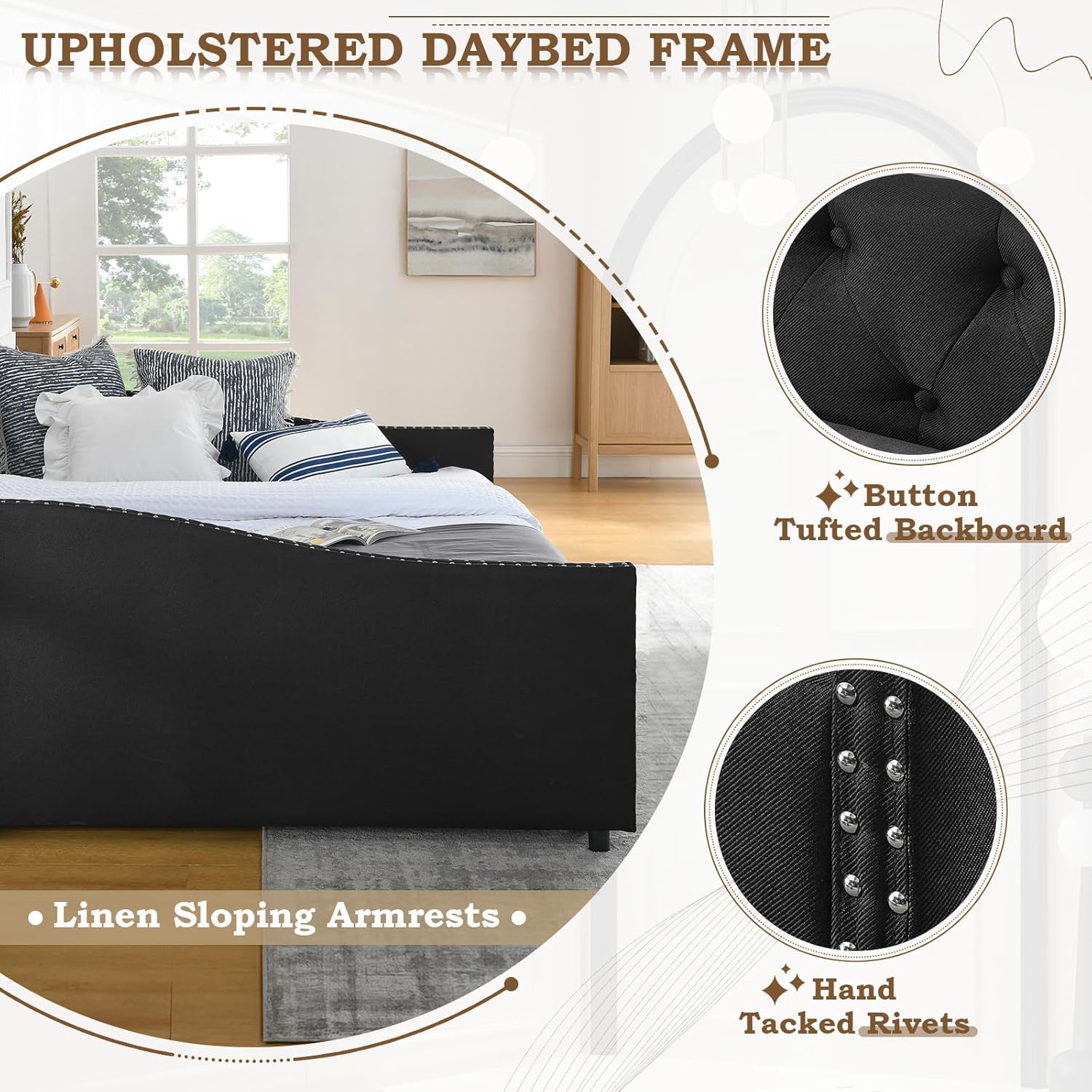 Daybed with Drawers, Modern Linen Upholstered Twin Size Day Bed Button-Tufted Sofa Daybed Frame with Double Drawers, No Box Spring Needed, Furniture for Bedroom Living Room Guest Room (Black, Twin)