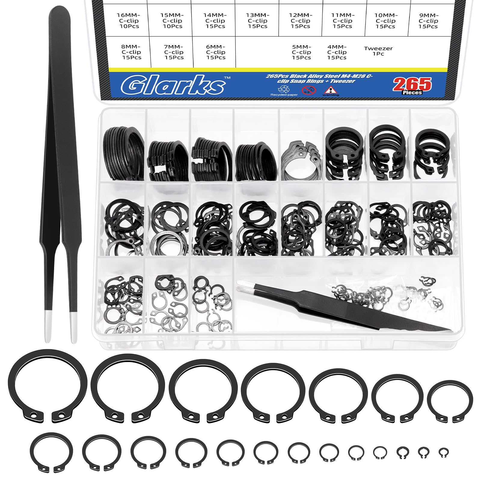 Glarks 266Pcs 21 Sizes C-Clip External Retaining Rings Assortment Set