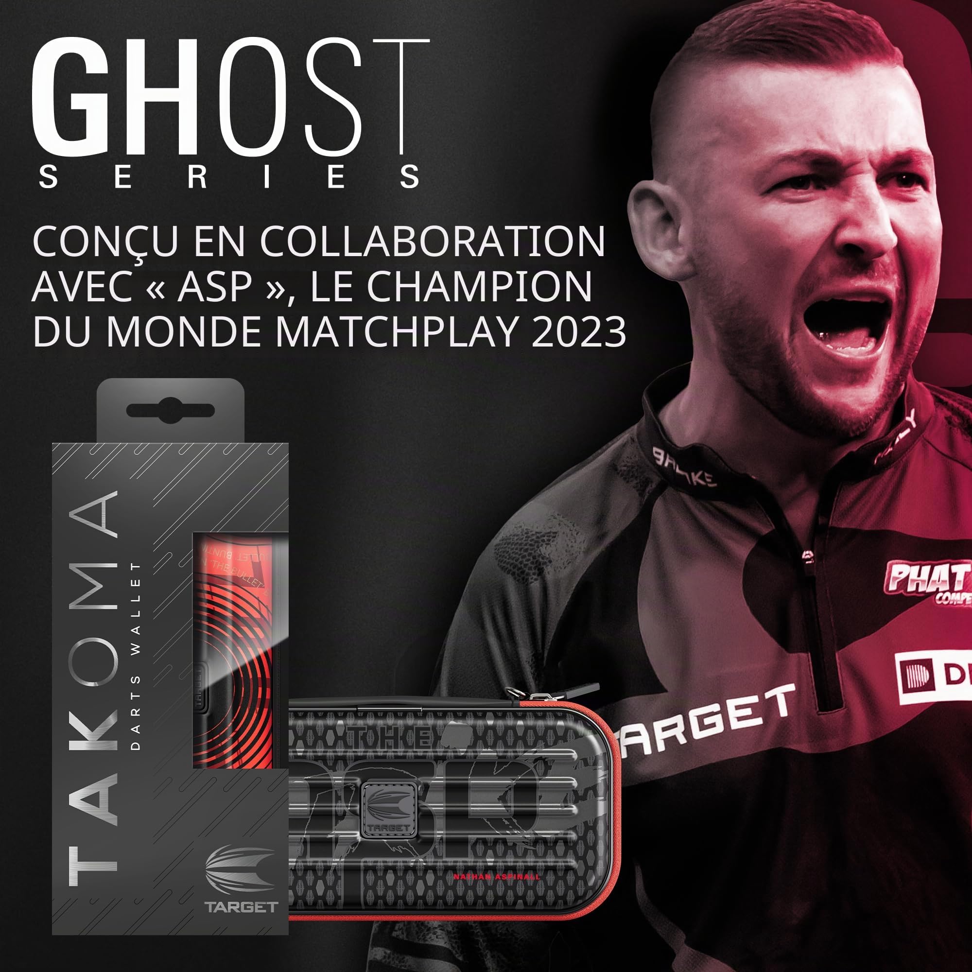Target Darts Nathan Aspinall Ghost Series Takoma Portefeuille, Regular – Étui pour Fléchettes, Noir/Blanc Étuis de Rangement, “The Asp” Porte-Fléchettes à Fermeture Éclair, Contenir 3 Assemblées