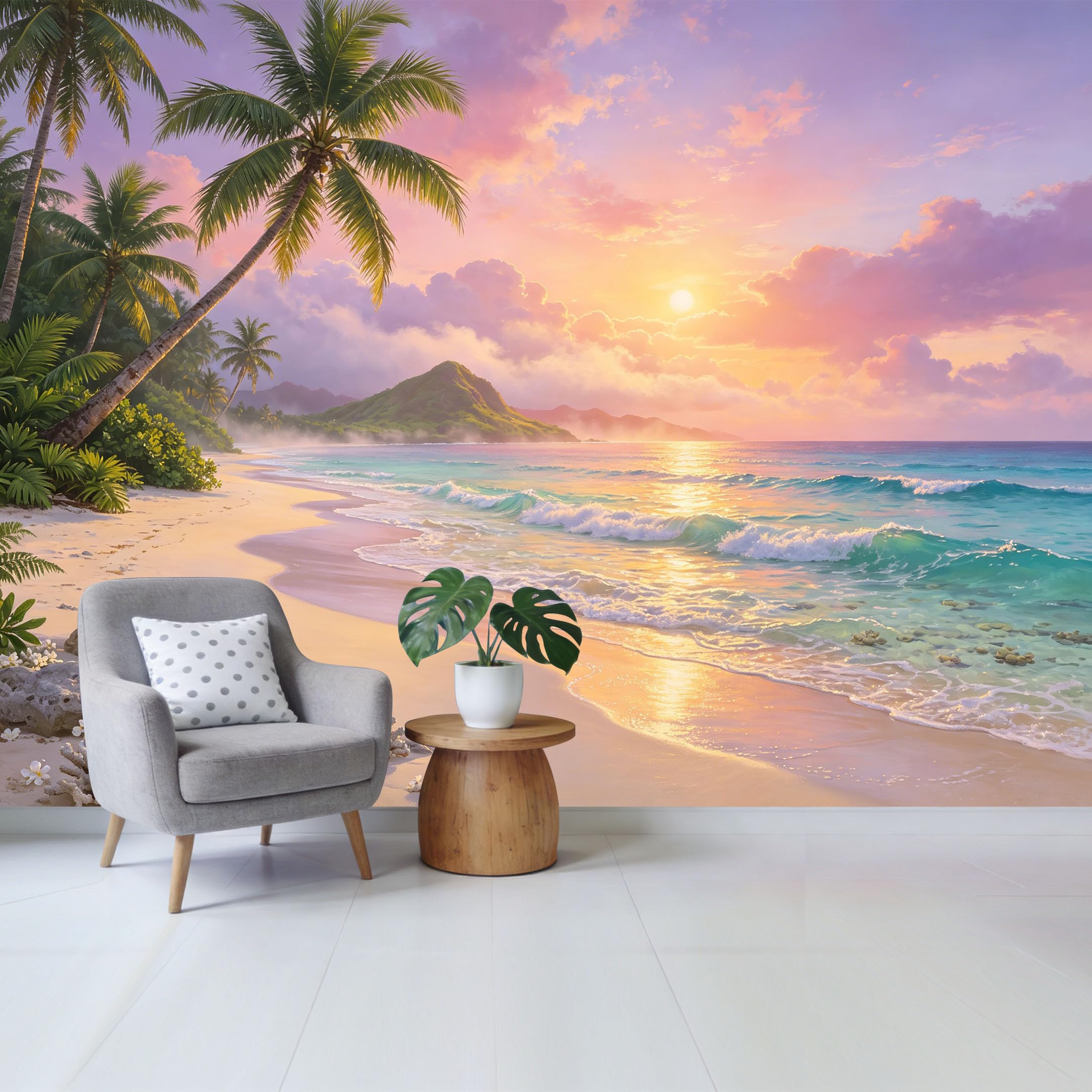 Custom Size Wall Mural Tropical Beach Sunset Ocean Waves Palm Trees Removable Self Adhesive Fabric Home Wall Decor for Living Room Bedroom Bathroom