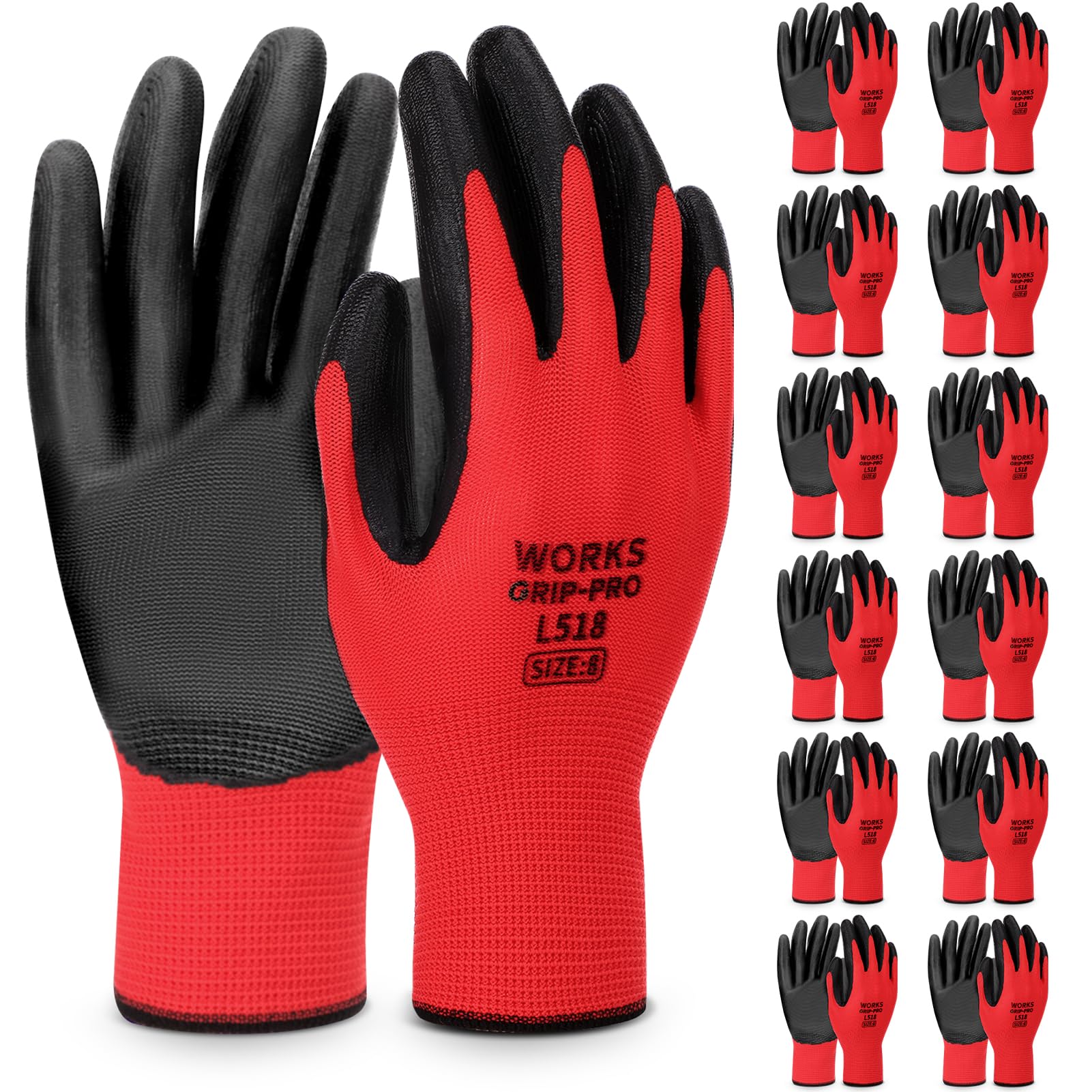 saerryor 12 Pairs Safety Work Gloves, Red Nitrile Coated Gardening Construction Working Gloves for Builder Construction Garden Engineering Logistics Warehouse Assembly Utilities Public Work (M-8)