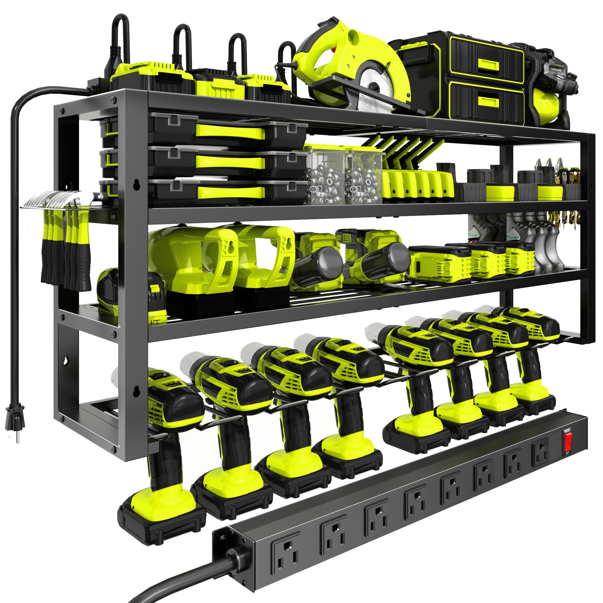 Large Power Tool Organizer Wall Mount with Charging Station 8 Outlet Power Strip 4 Layers 8 Drill Holder