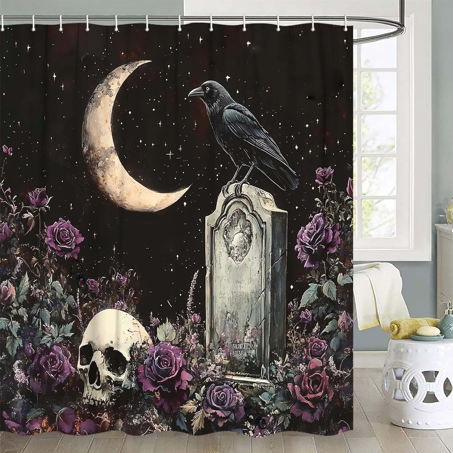 JAWO Halloween Gothic Skull Floral Shower Curtain, Mysterious Gothic Full Moon Night Purple Rose Black Crow Spooky Horror Halloween Polyester Fabric Bath Shower Curtains Set with Hooks,72x78IN