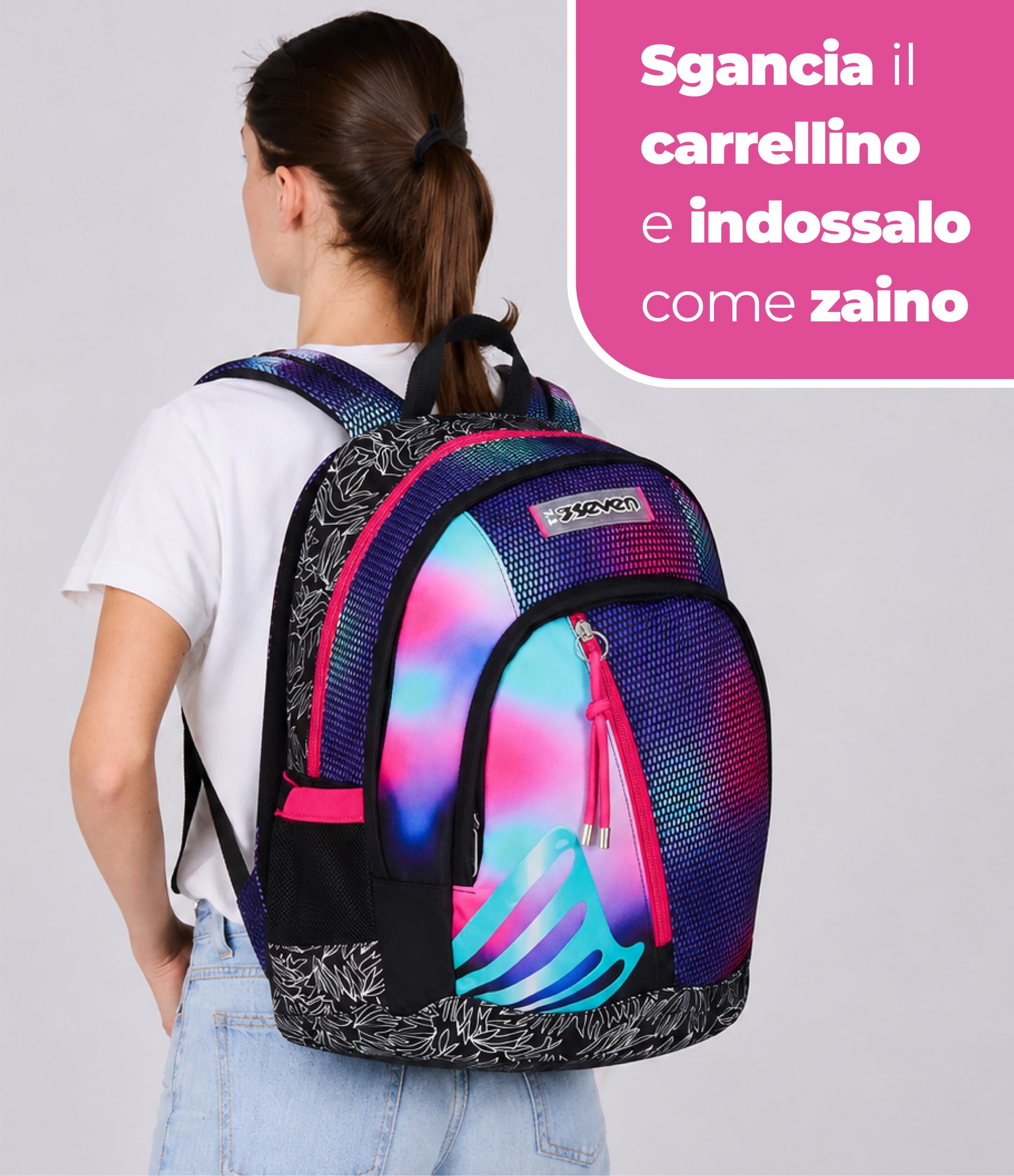 Seven Trolley Scuola Flex 3 Ruote, Rosa, Shadefull Girl, 3 in 1, Triplo Uso, Zaino Con Carrello Sganciabile, Tasca Porta Borraccia e Crossover System, Zaino Scuola Viaggio, Bambina Ragazza