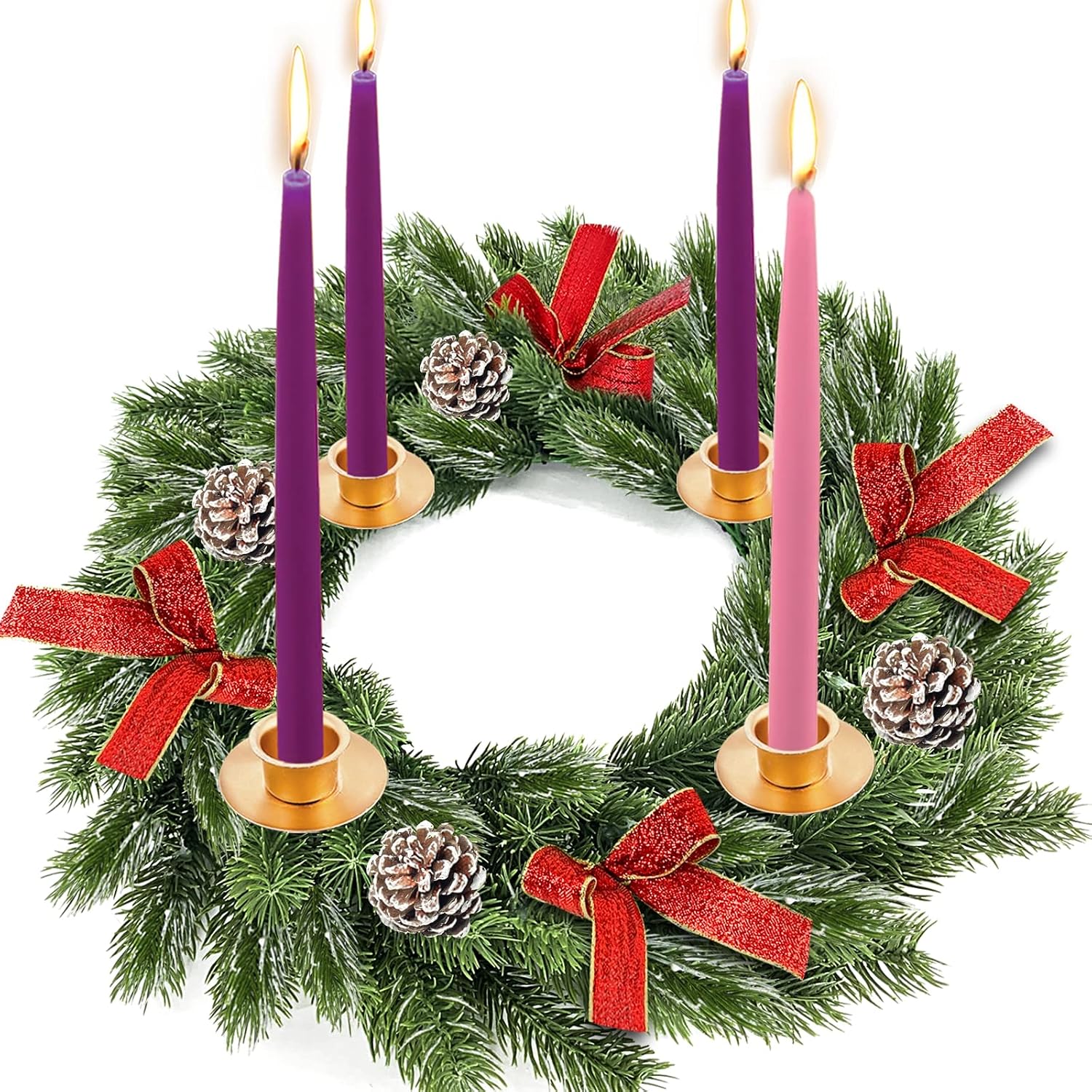 Christmas Advent Wreath Decoration 4 Candles Holder with 4 Snowy Pine Cone 4 Ribbon Bows 60 Realistic Snowy Branches Christmas Centerpiece Table Decorations Home Indoor(No Candles)