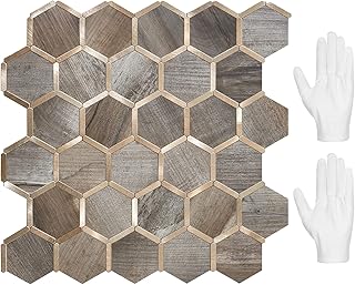 STICKGOO Hexagon Peel and Stick Backsplash Tile, Stick on Backsplash for Kitchen and Bathroom, Wood Texture PVC Mixed Metal Gold Self Adhesive Wall Tiles(10 Sheets, Seamless)