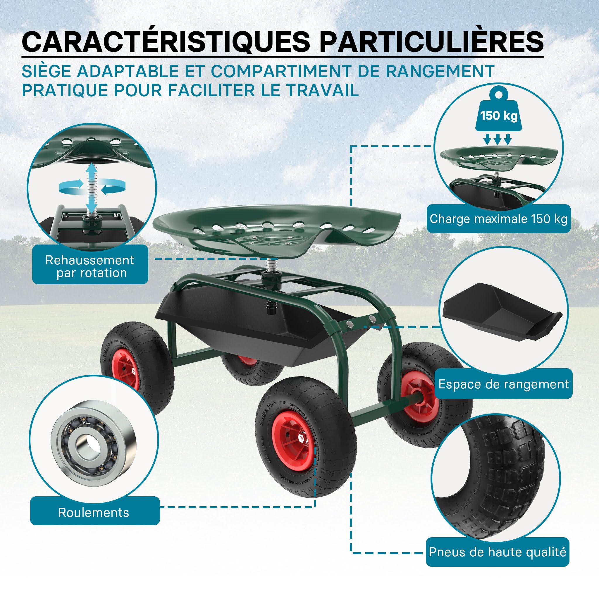 WilTec Siège de Jardin sur Larges Roues Charge 150kg Max. Chariot Coulissant Jardinage Repose-Genoux Outil