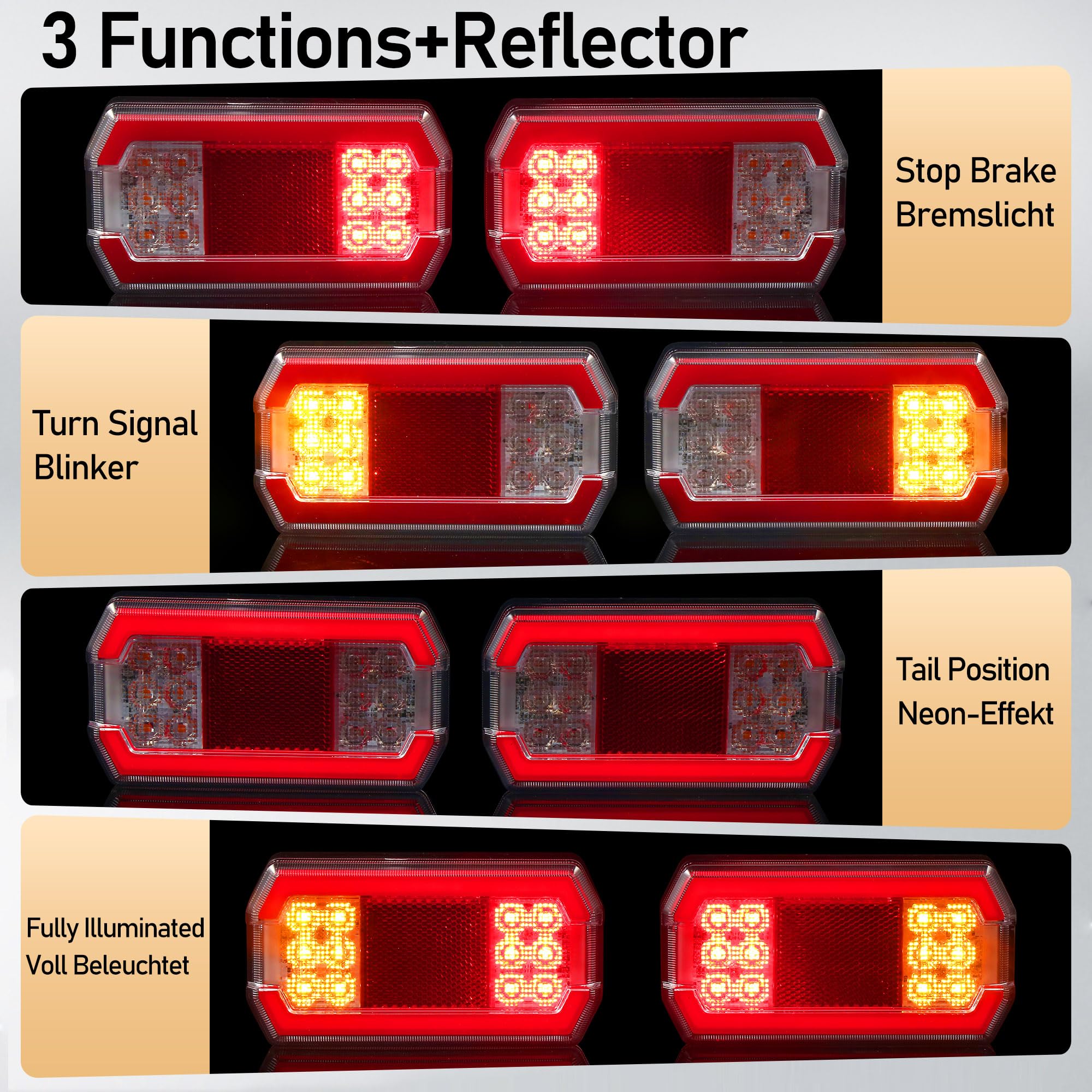 2 x Rettangolare Luci Posteriori Rimorchio LED 12V/24V Omologati E9 Luce Fanale Posteriore Impermeabile per Rimorchio Camion Trattore Caravan Barca, 4-in-1 con Luce di Posizione e Freno