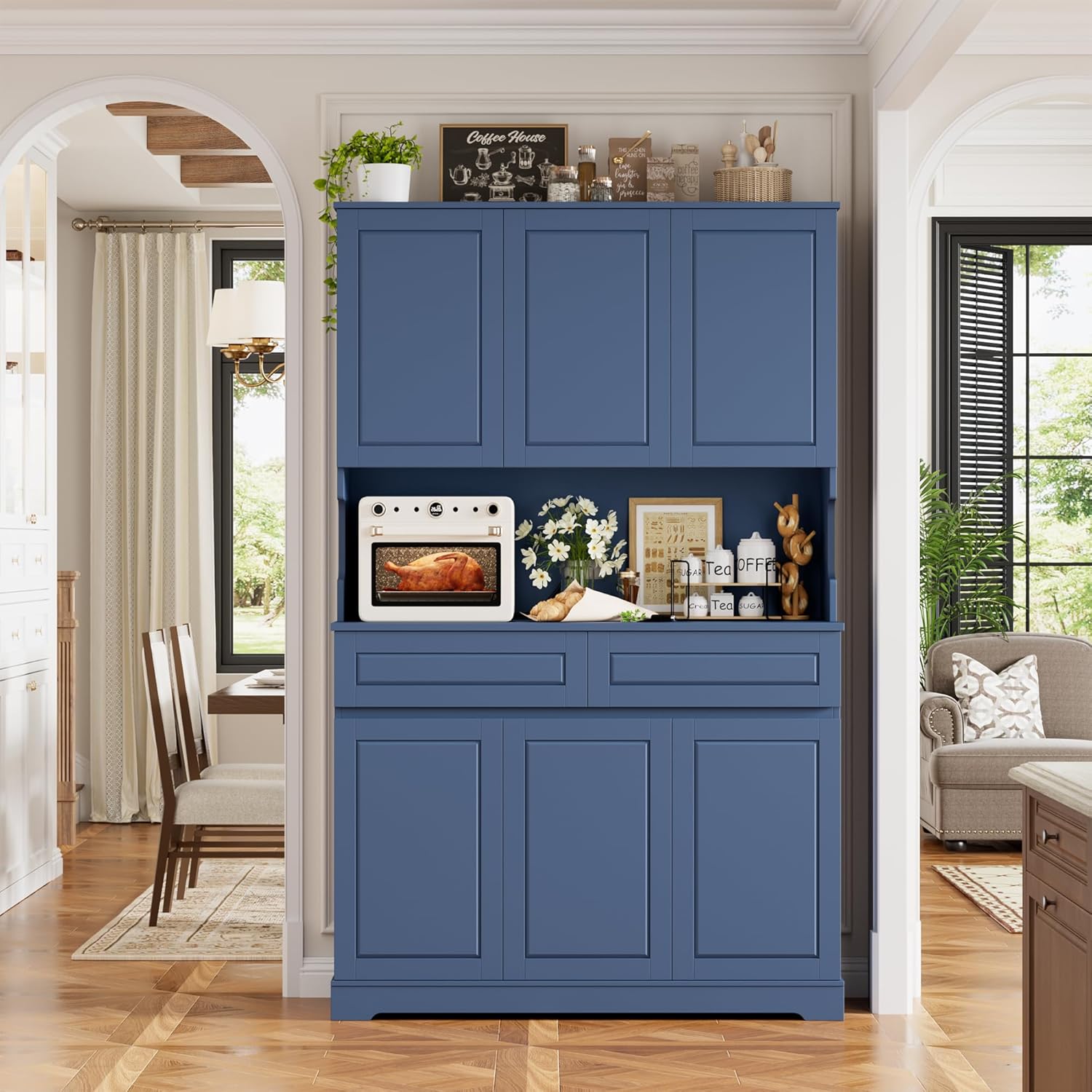 FACBOTALL 74" Pantry Cabinet, Tall Kitchen Pantry Cabinet with 6 Doors and 2 Drawers, Kitchen Hutch with Wide Countertop, Modern Kitchens Cupboard with Adjustable Shelves and Charge Holes, Blue