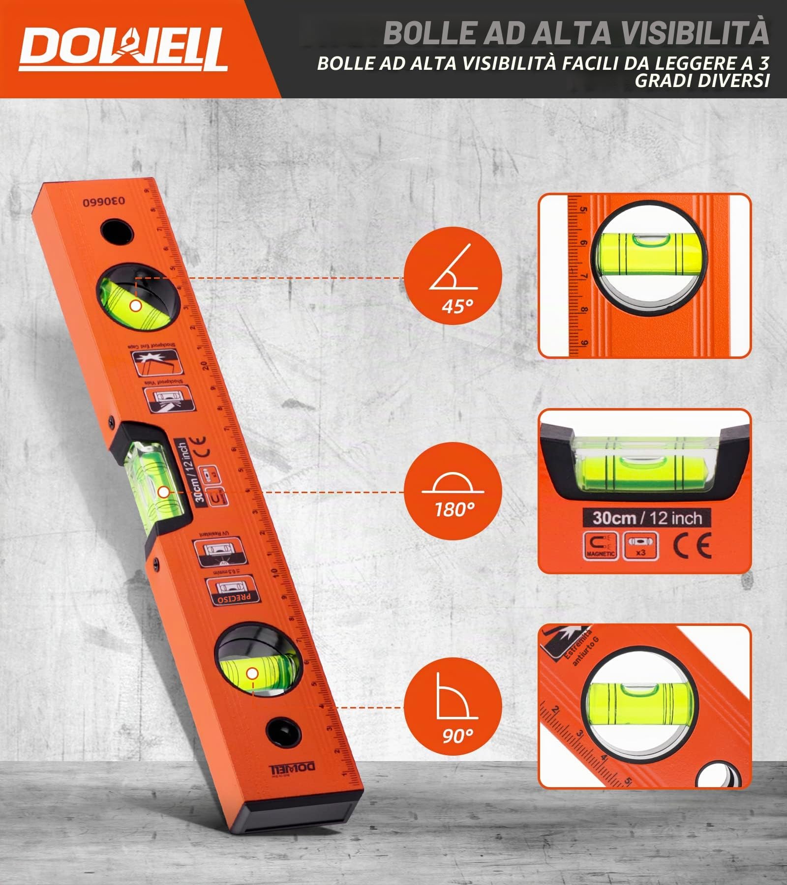 Dowell livello magnetico, scala metrica 300mm / 12 pollici, 3 libellule diverse