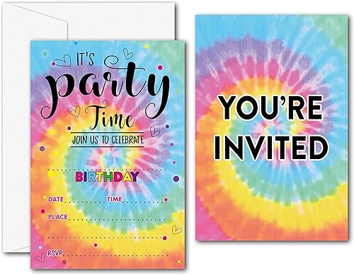 Invitaciones de fiesta de cumpleaños Tie Dye - Suministros de fiesta de teñido anudado - Completa las invitaciones de fiesta de cumpleaños en blanco