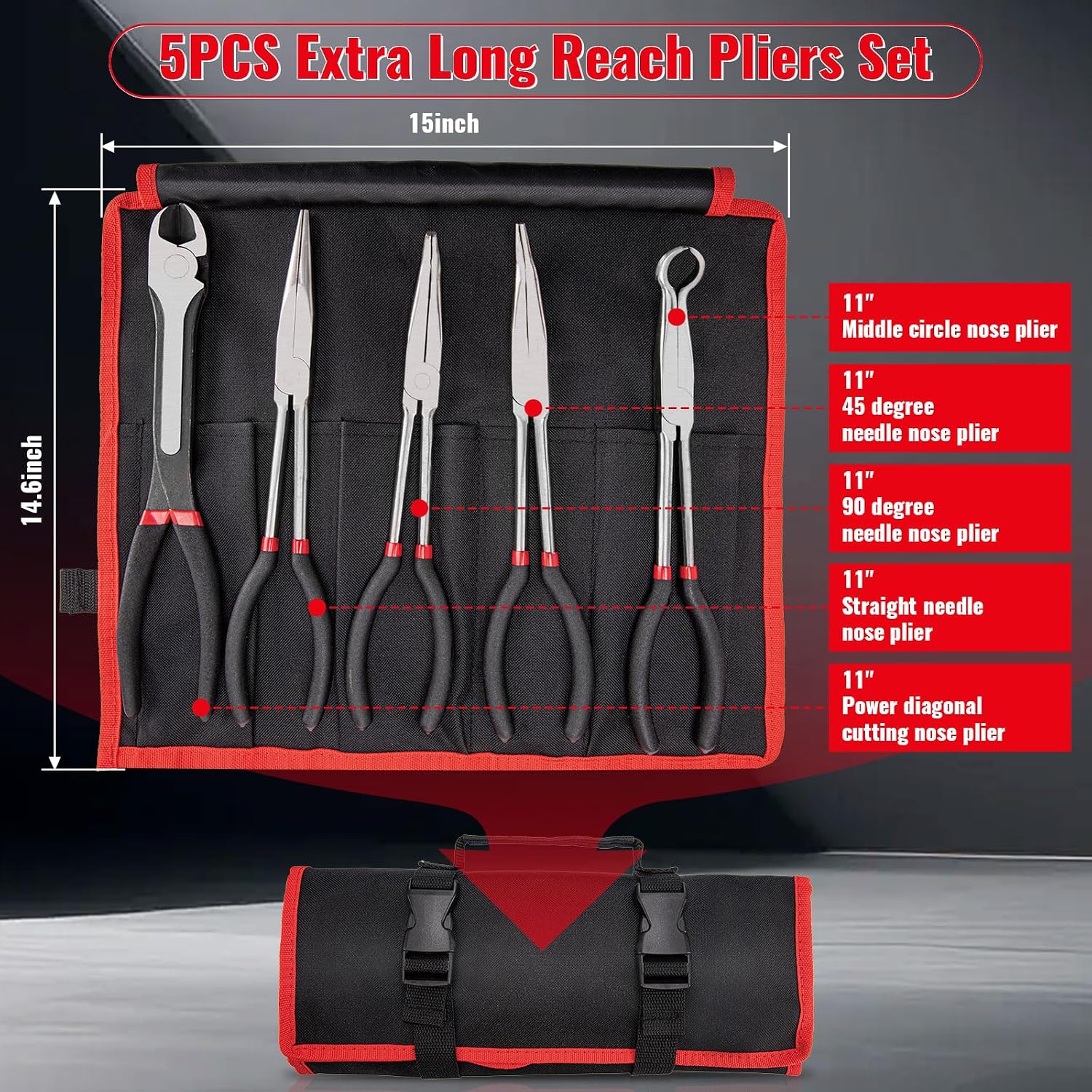 Needle Nose Pliers Set 5Pcs, Extra Long Reach Plier Set, 90°&45° Bent Nose Pliers, Circle Nose/Diagonal Pliers for Narrow Spaces, 11" Long Reach Straight Plier for Wire Bending, Trimming